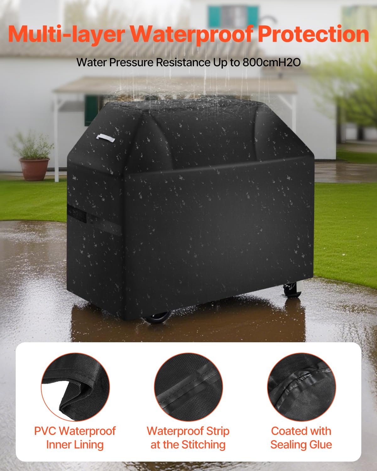 VEVOR Funda para Parrillas de Exterior, Impermeable y Resistente a la Intemperie, Poliéster 600D Duradero, 280 g/m², Fácil de Poner y Quitar, con Protección Solar, 1470 x 615 x 1215 mm, Negro