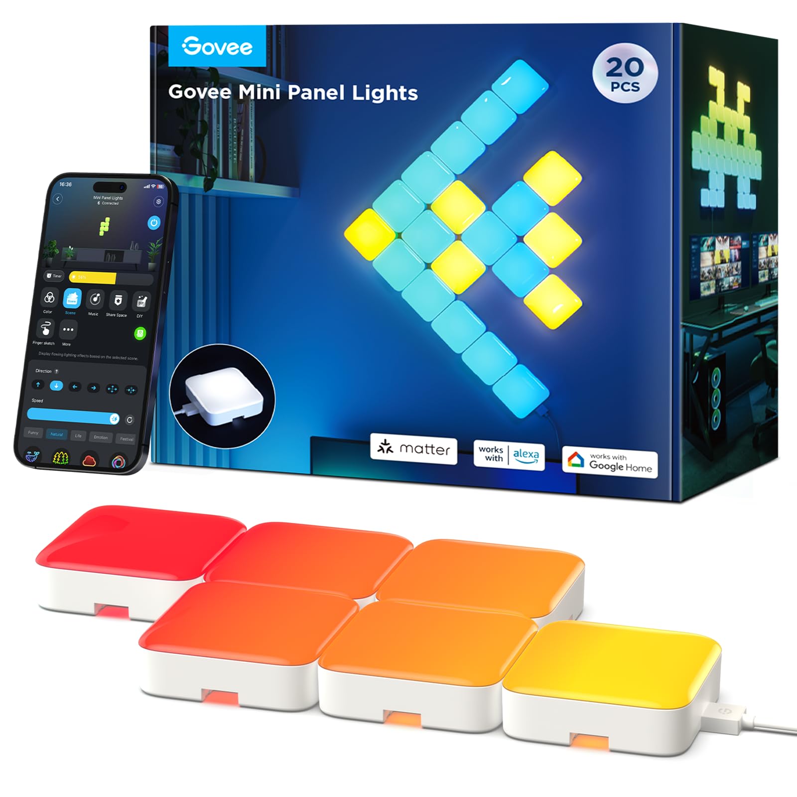 Govee Mini panel de luces, paneles de pared LED RGBIC, panel de luz de cubo DIY, funciona con Matter, Alexa, asistente de Google, para sala de juegos, dormitorio, sala de estar, paquete de 20