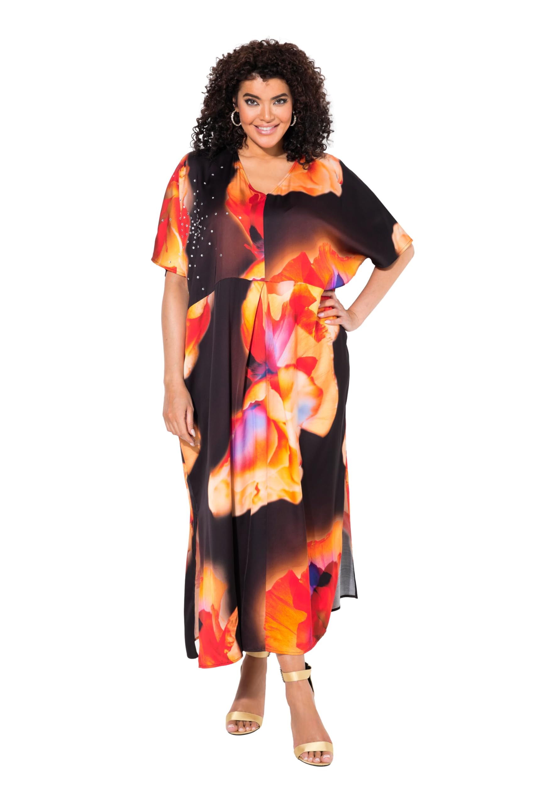 Ulla Popken Damen große Größen Übergrößen Plus Size Satin-Kaftan, Blüten, Ziersteine, V-Ausschnitt, Halbarm 836420