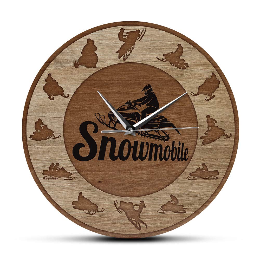 The Geeky Days Extreme Snowmobile Riders Silhouette Wood Texture Acrylic Print Wall Clock Snow Winter Games Non Ticking Battery Operated Quartz Wall