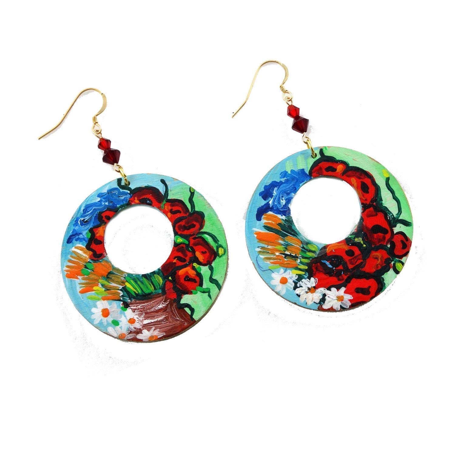 Boucles d'oreilles peintes à la main - VASE AVEC COQUELICOTS ET AUTRES FLEURS SAUVAGES TABLEAU CÉLÈBRE - Boucles d'oreilles pour femmes, Bijoux en bois peint, Crochet en argent, Fabriqué en Italie
