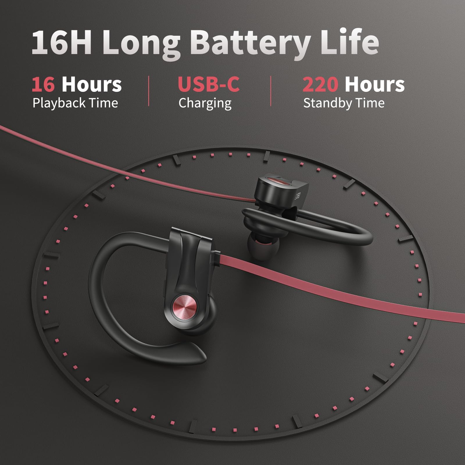 JOYWISE Auriculares inalámbricos Bluetooth 5.3 con 16 horas de tiempo de reproducción estéreo IPX7 impermeables, auriculares intraurales con cancelación de ruido para correr, negro y rosa