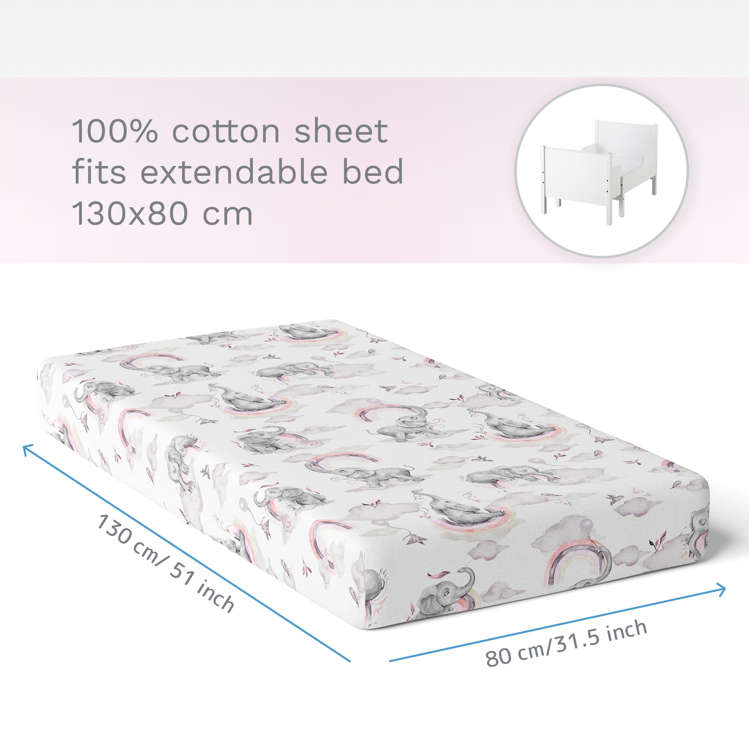 Baby Comfort Nursery 100% Cotton Fitted Sheet fits 130x80 cm Extendable Toddler Baby Cot Bed Mattress (Pink Elephants) - Image 4