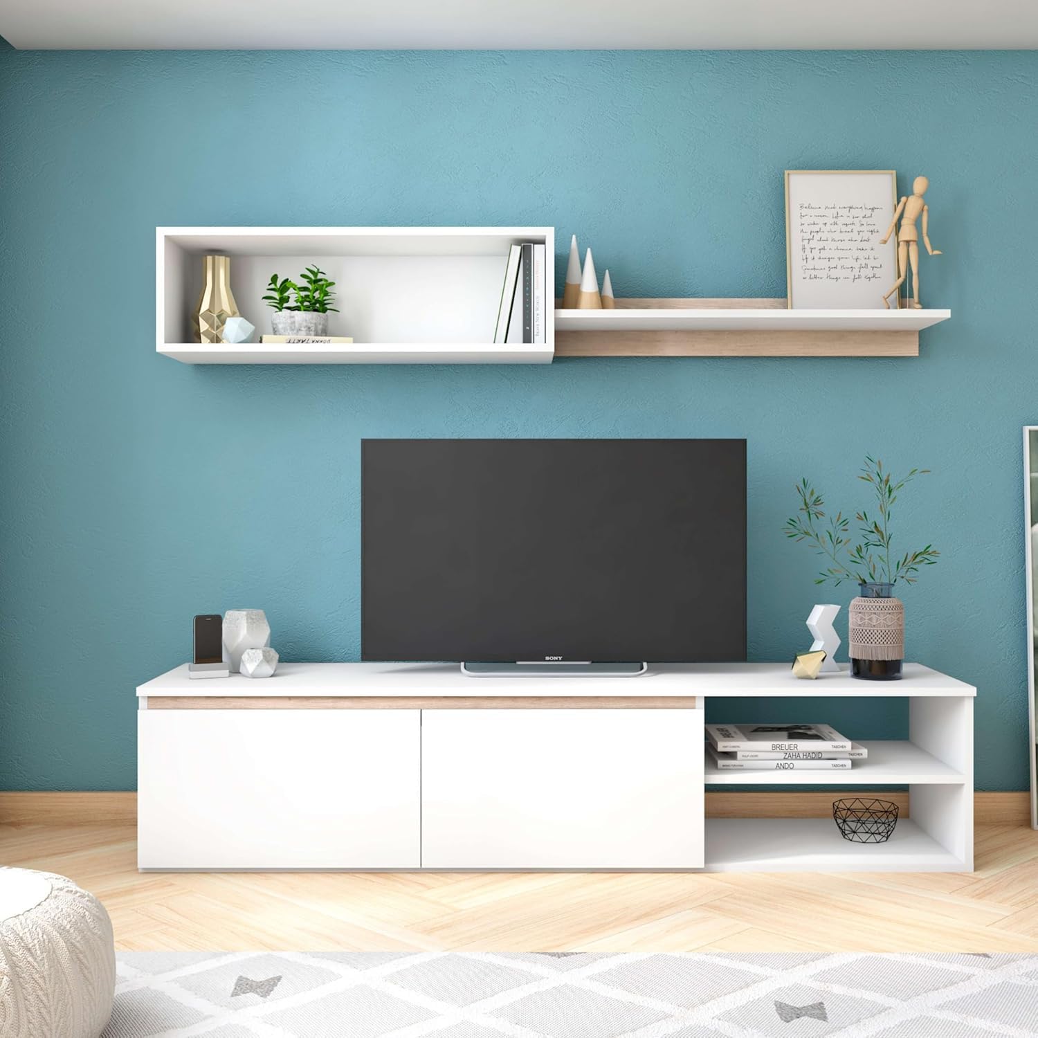 Mobelcenter, Mueble de Salón Oce 160, Módulo TV, Módulo Superior y Estante, Acabado en Color Blanco Mate y Sahara, Medidas: Ancho: 160 cm x Alto: 200 cm x Fondo: 39 cm (1568)