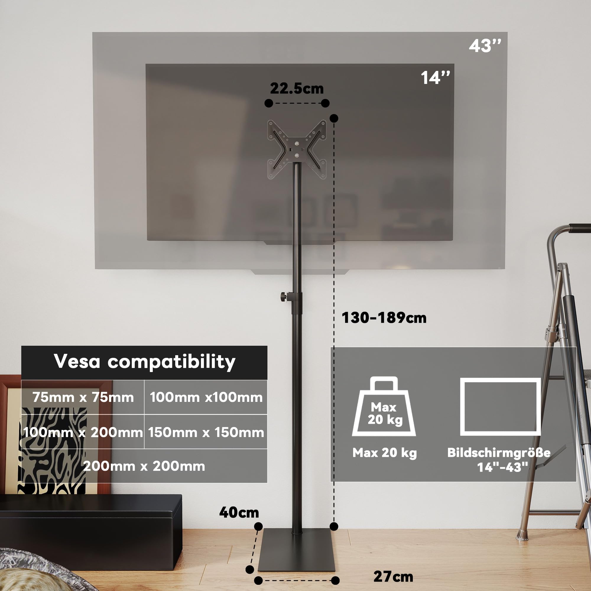 Drehbar TV Ständer für 14-43 Zoll Fernseher | Bis 20 kg, Höhenverstellbar 130-189 cm, Bodenständer, Für Wohnzimmer und Büro,Vasa 200 mm × 200 mm