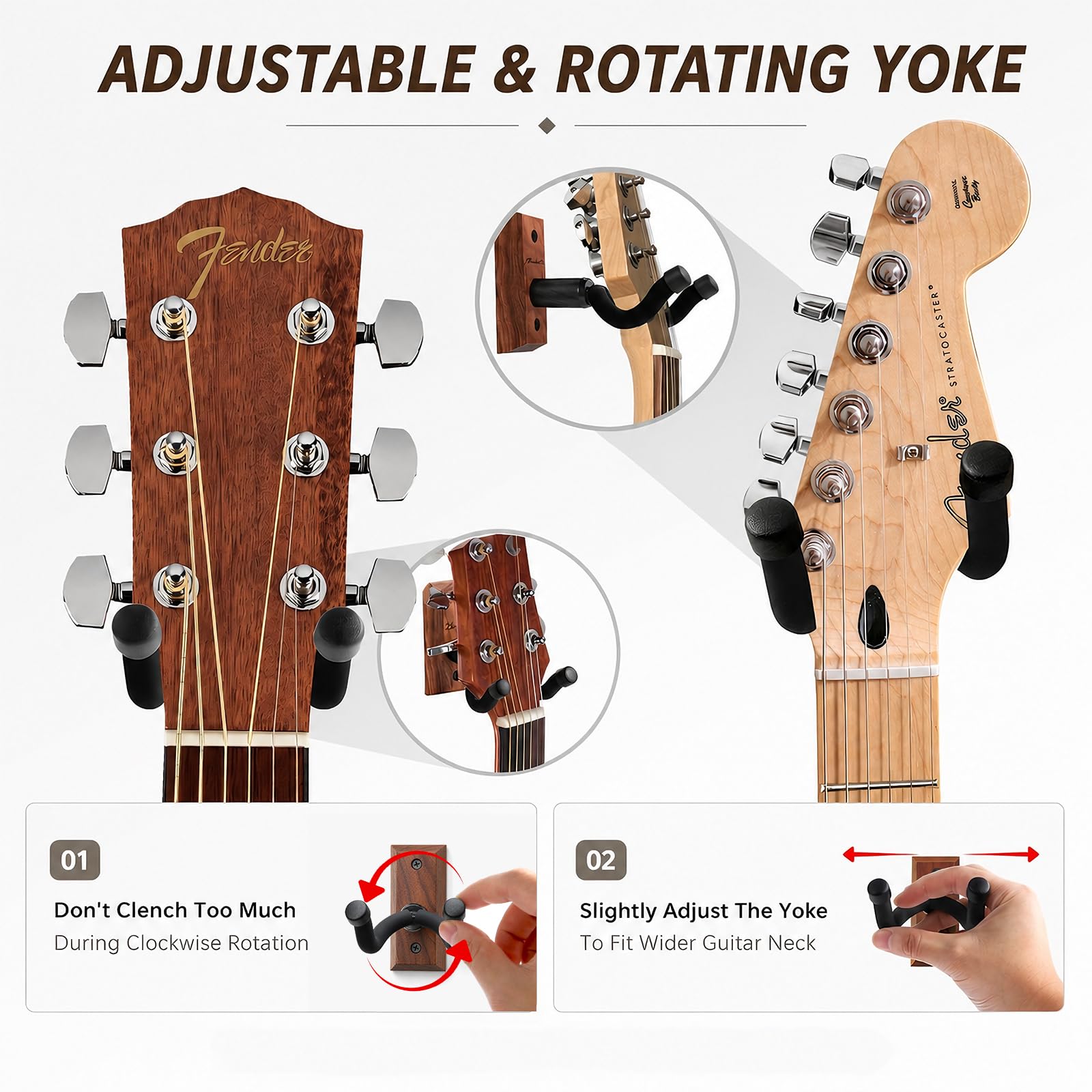 Paquete de 4 soportes de pared para guitarra, ganchos para guitarra, soportes para guitarras acústicas y eléctricas, bajo, banjo, mandolina, base de madera de nogal negro.