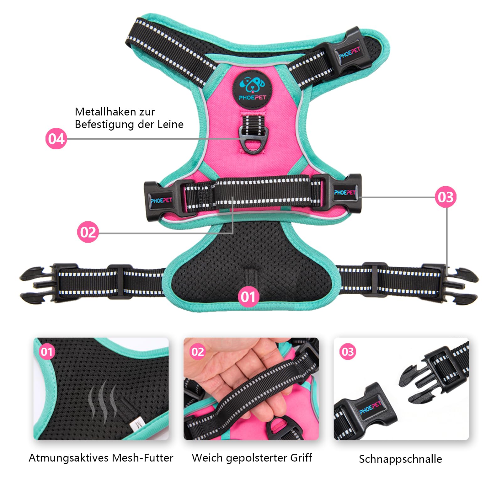 PHOEPET Arnés Para Perros Sin Tirón Para Perros Pequeños, Chaleco Reflectante Con Clip Frontal Ajustable Con Asa, 2 Anillos De Metal, 3 Hebillas [fácil De Poner Y Quitar] (L, Rojo