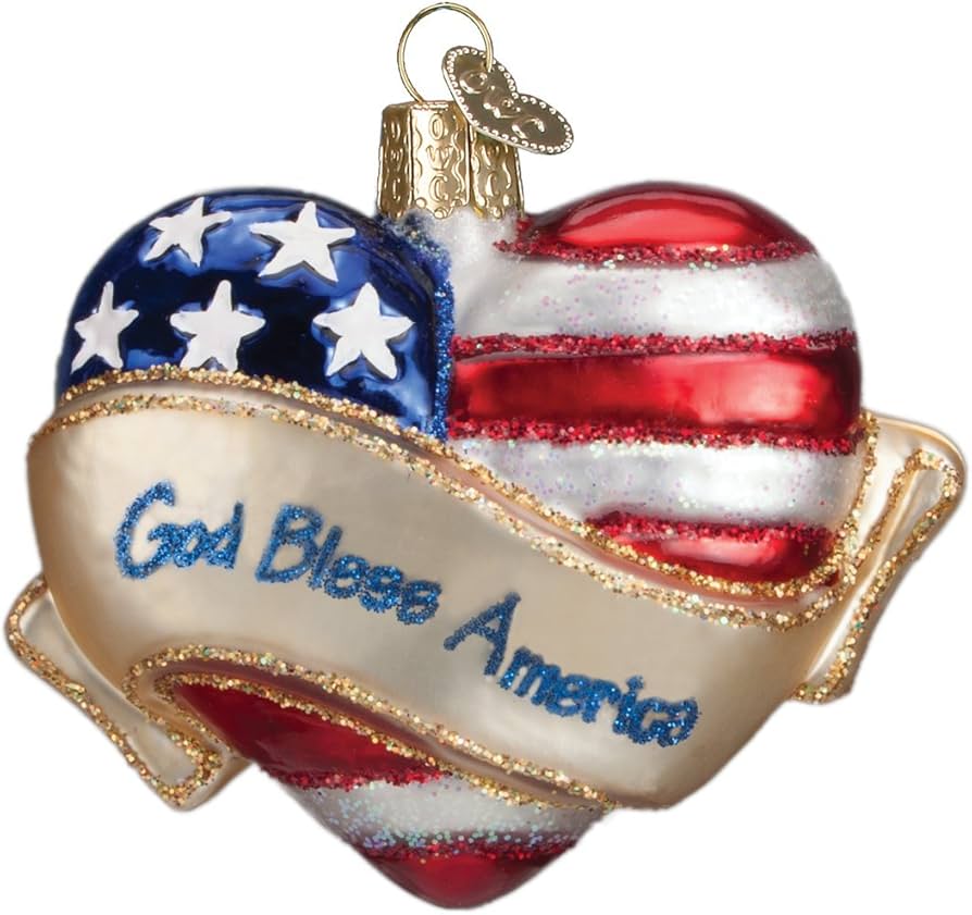 Old World Christmas Glass Blown Ornament with S-Hook and Gift Box,  Patriotic Collection (God Bless America Heart)