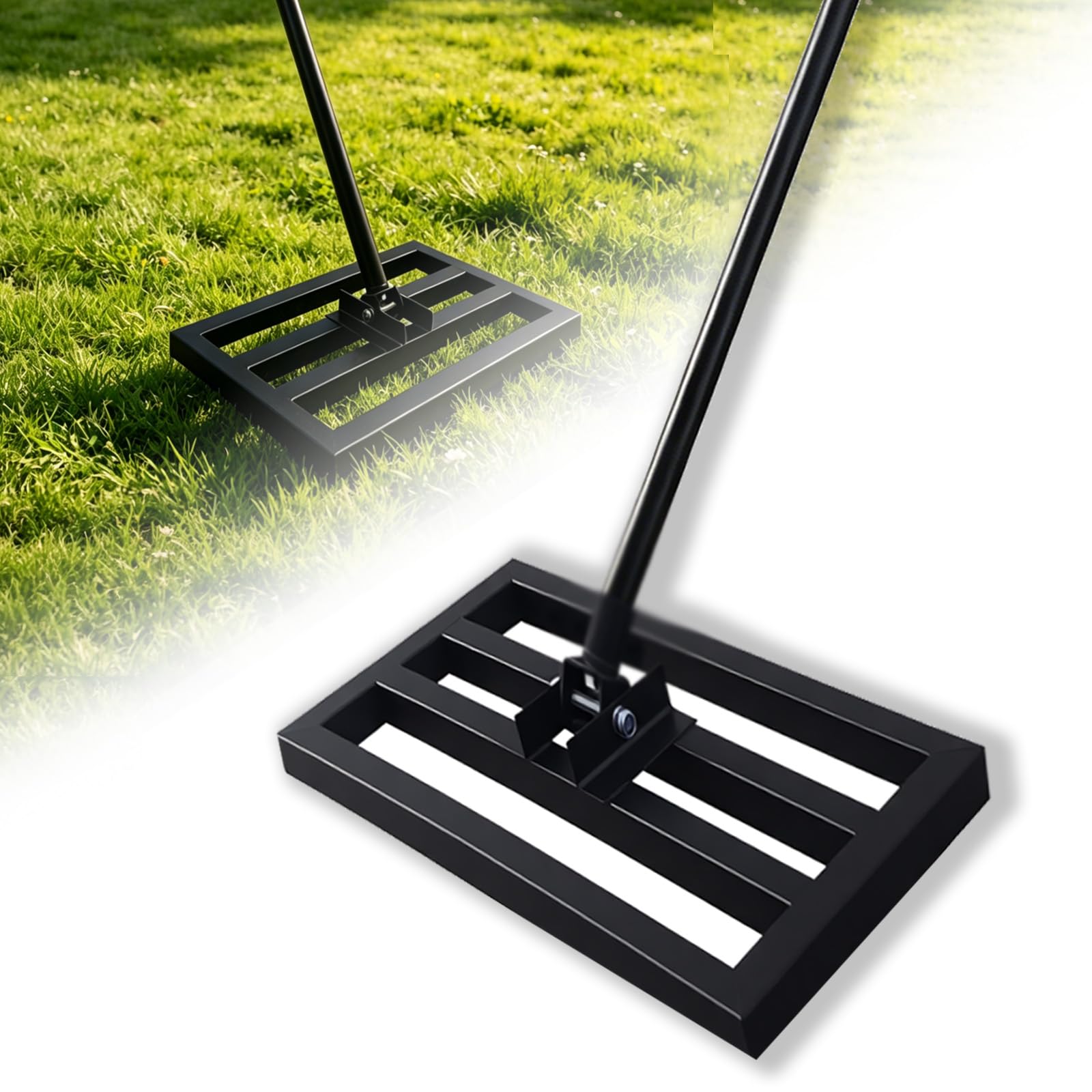 Rastrello professionale per livellare il prato, 43 cm x 25 cm, piastra in acciaio resistente, manico ergonomico da 180 cm per livellare il terreno senza sforzo in giardini, campi da golf e orti