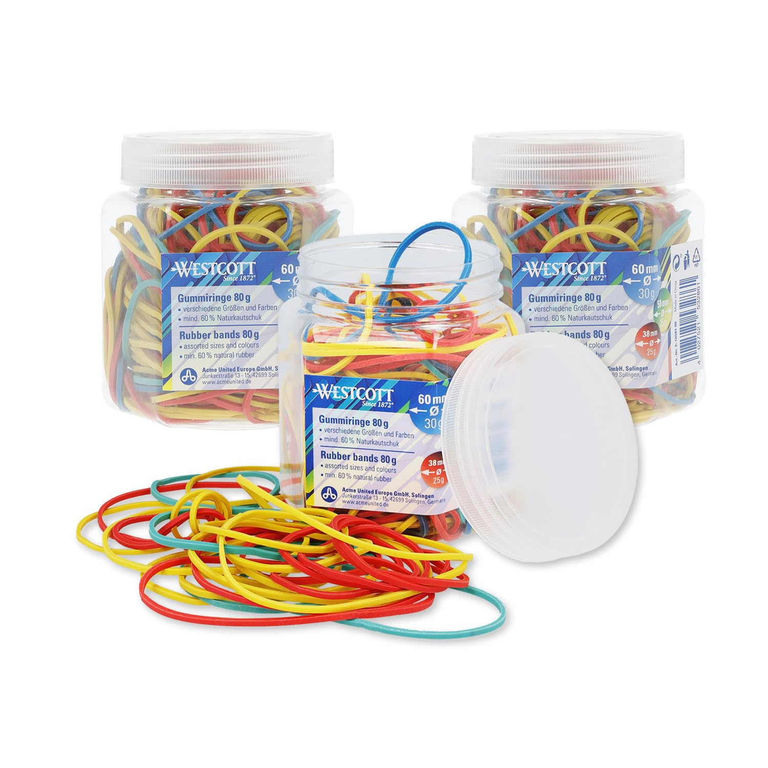 Westcott Rubber Bands 80g (3-Pack) |3 x ca. 170 Colourful rubber rings in various sizes in a handy plastic container | Storage pack of household rubber bands ⌀ 60mm, 50mm & 38mm | E-110581 00