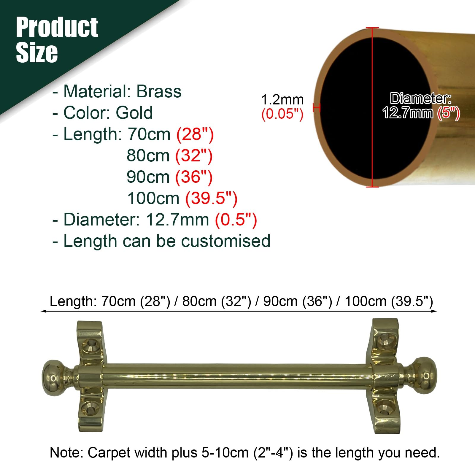 Generico Aste per tappeti da Scale in Ottone Anticato, Clip di Fissaggio sicure da 91 cm con pomelli e Staffa di Montaggio, perfette per tappeti da Scale (1 pz)