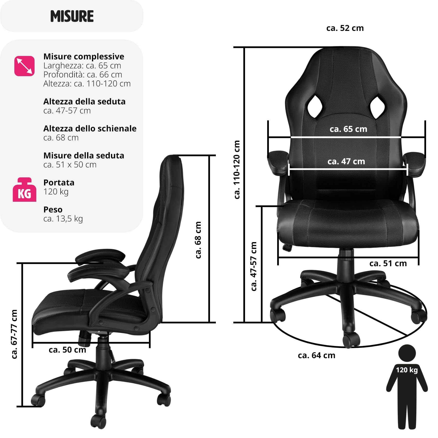 tectake® Sedia da Ufficio Ergonomica, Poltrona Gaming con Altezza Regolabile, Struttura Robusta, Rotazione a 360 Gradi, Meccanismo Basculante, 5 Rotelle Doppie - Nero