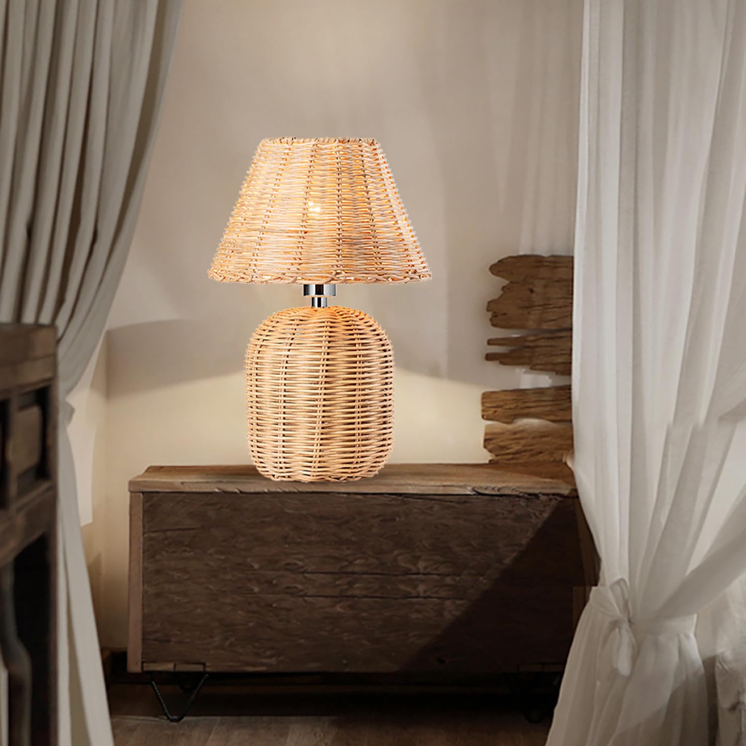 Lampada da tavolo in bambù retrò lampada da comodino con spina e interruttore, decorazione E14, paralume in tessuto e base realizzata a mano, con cavo da 1,5 m, per camera da letto