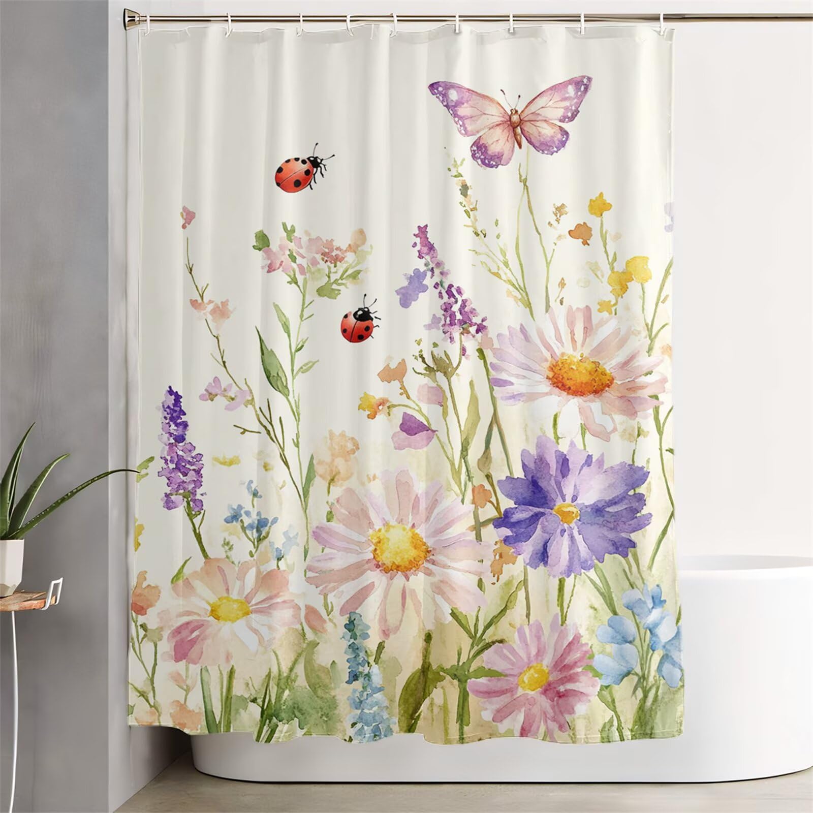 Zasłona prysznicowa w kwiaty, 200 x 240 cm, bardzo długa zasłona prysznicowa do łazienki, motyl, wodoodporna zasłona na drzwi z haczykami i obciążonym obszyciem, nadaje się do prania, szybkoschnąca