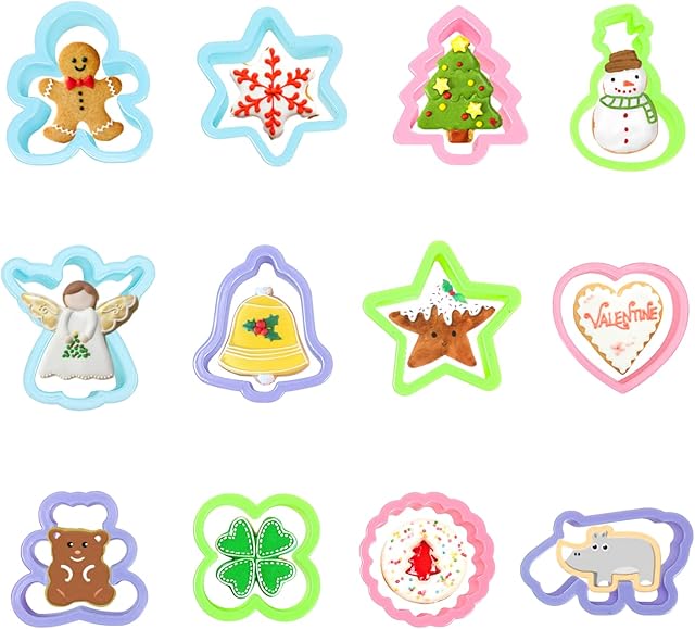Crethink 12 PCS Christmas Cookie Cutters,Plastic Cookie Cutter Set for Baking-Tree,Snowflake,Snowman,Star, Bell,Gingerbread Man,Christmas Angel,Love Heart,Bear