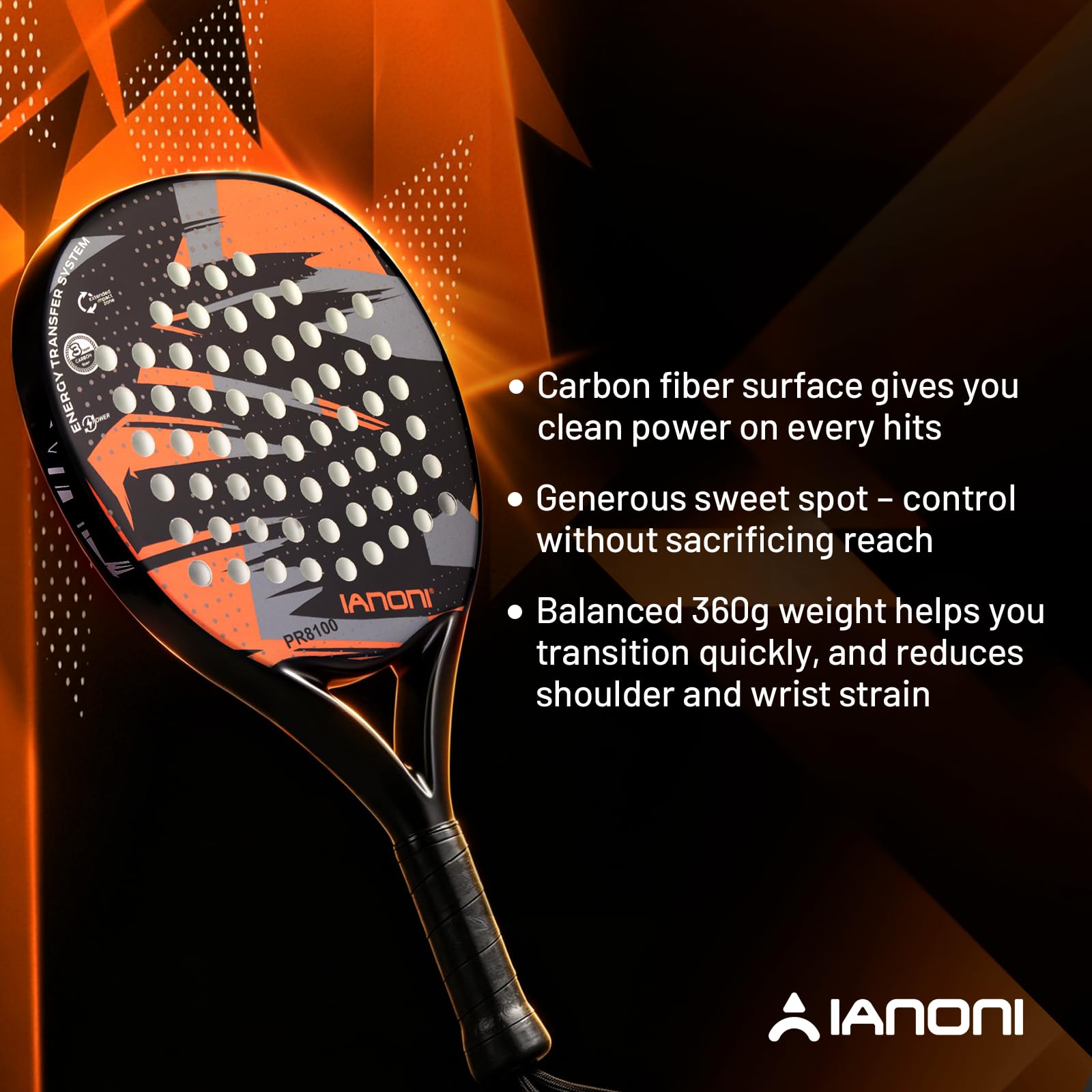 IANONI Racchetta da padel con superficie in fibra di carbonio con nucleo in schiuma EVA Memory Flex Foam Racchetta da tennis Paddle Paddle Racchetta da tennis - 8100 grigio-arancione