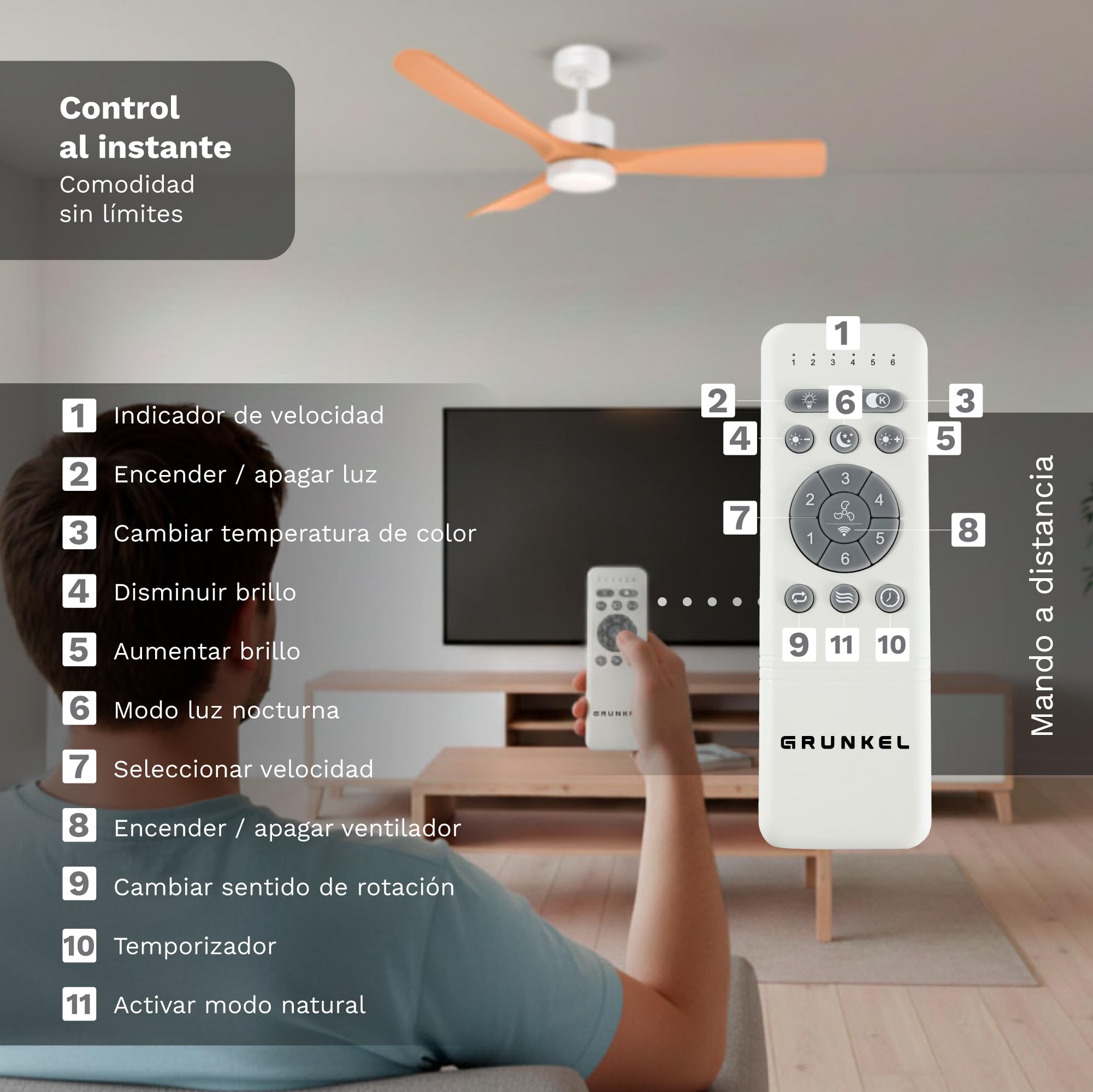 Grunkel - Ventilador de techo con luz LED. Motor DC. Mando a distancia. 6 velocidades. Temporizador 8 horas - 35W aspas imitación madera (Plástico)