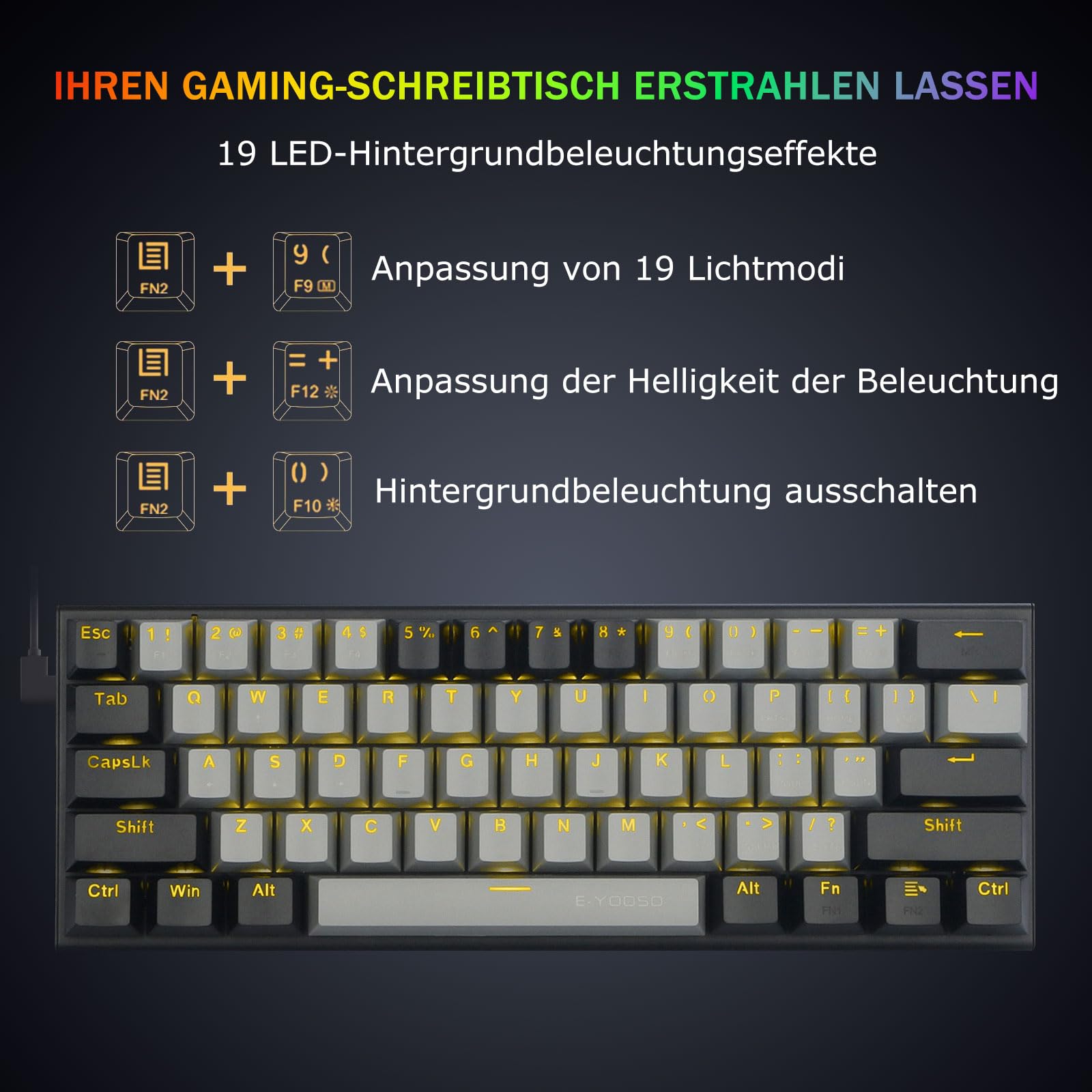 E-Yooso Z11 Clavier mécanique 61 touches, commutateurs rouges, clavier de jeu QWERTY filaire avec rétroéclairage LED, clavier d'ordinateur ultra compact à 60 % pour Windows (gris noir)
