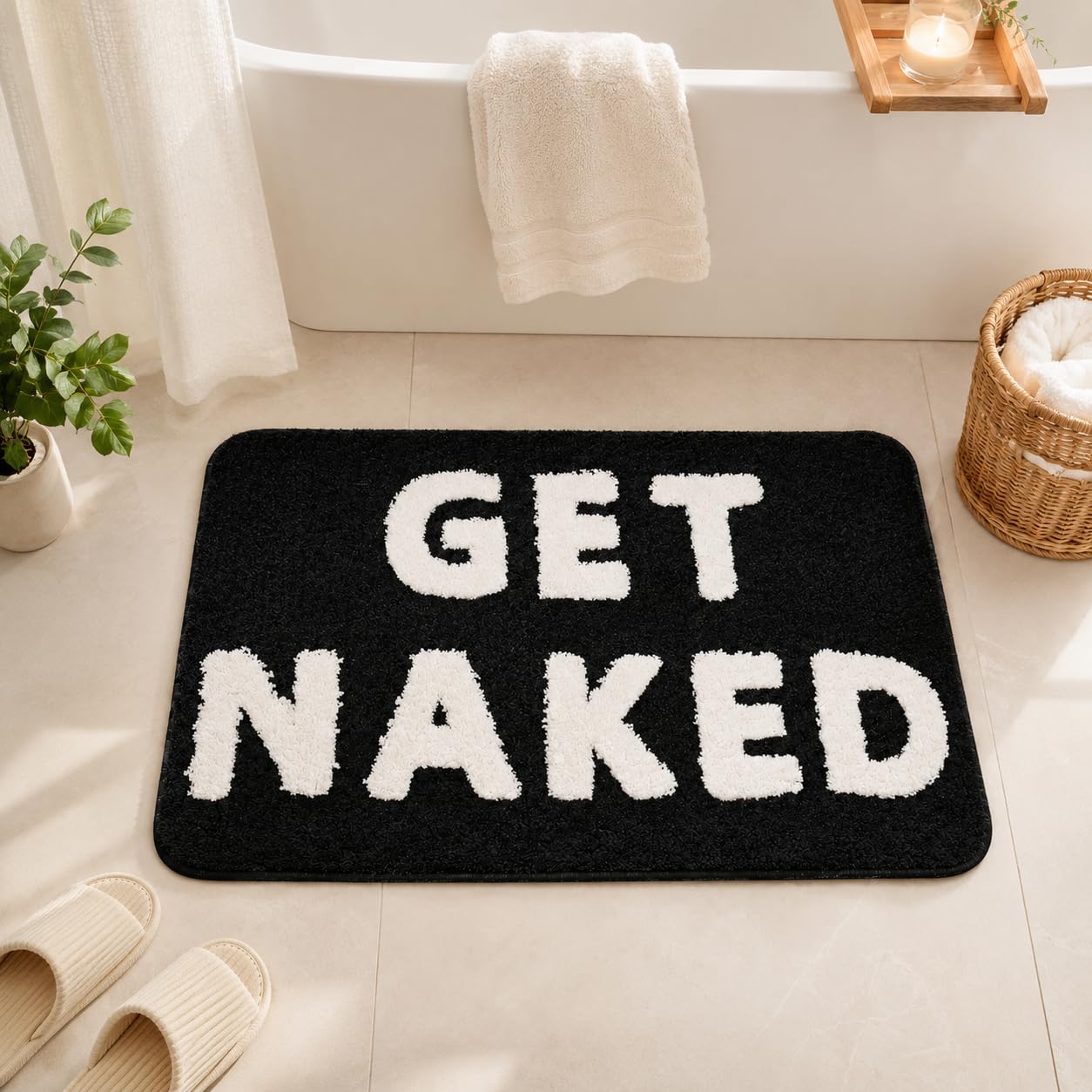 Alfombra de baño antideslizante Get Naked de microfibra blanco y negro 50x80 cm