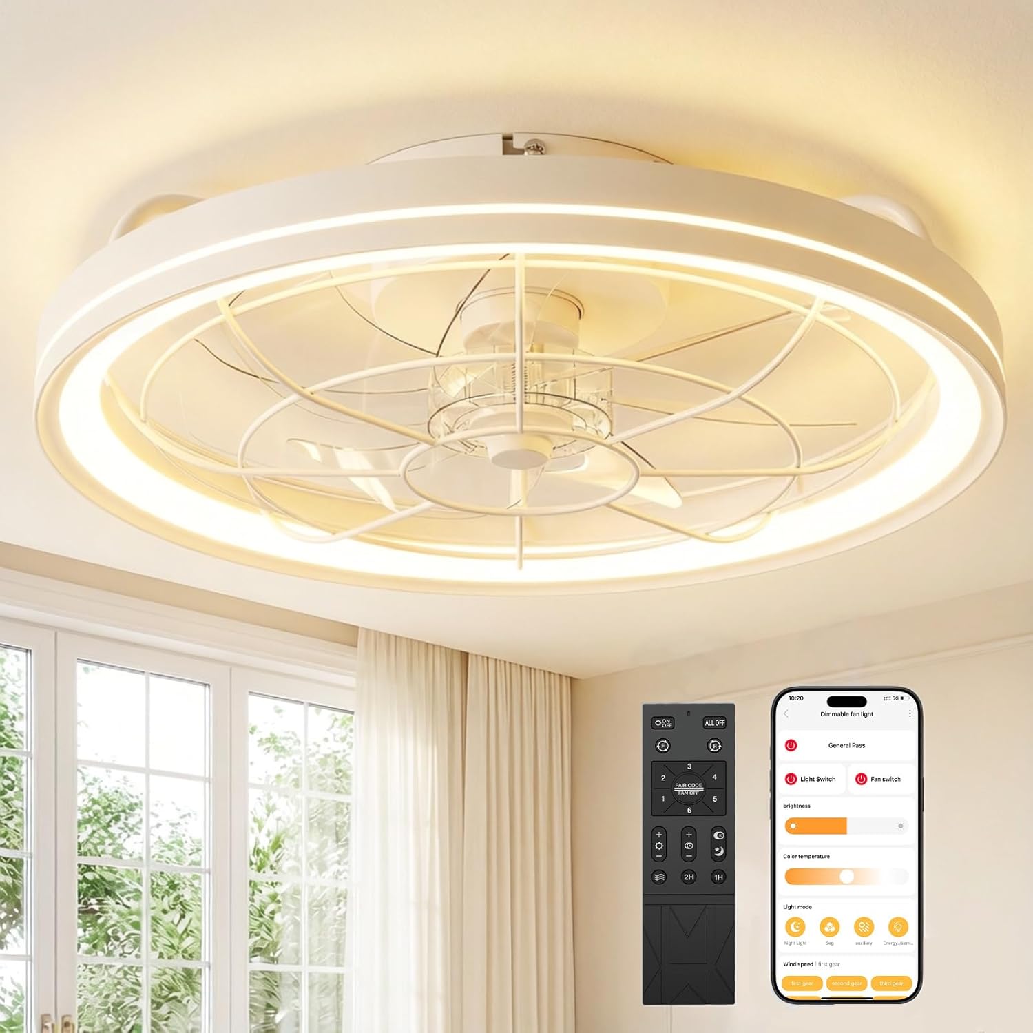 Deckenventilator mit Beleuchtung, Dimmbare Deckenleuchte mit Ventilator Leise, Ø48cm, 6 Stufen, 3000-6500K, Fernbedienung &amp; App, Timer, Ceiling Fan Light für Schlafzimmer Wohnzimmer (Weiß)
