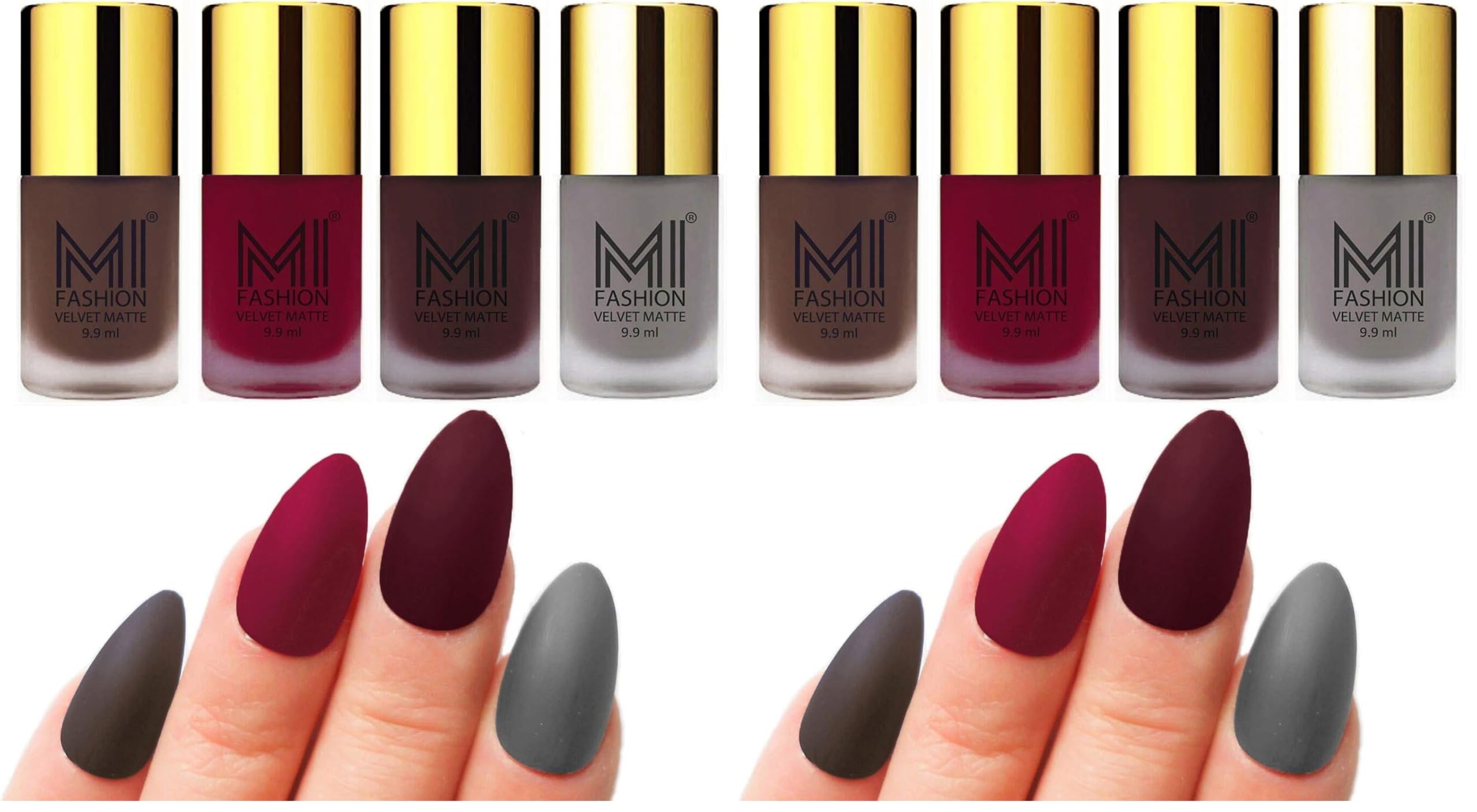 MI FASHION Velvet High Finish Matte Nail Polish Combo Set Radiant Nails 9.9ml Each Coffee, Mauve, Wine, Grey (Pack Of-4) (Pack of 2)