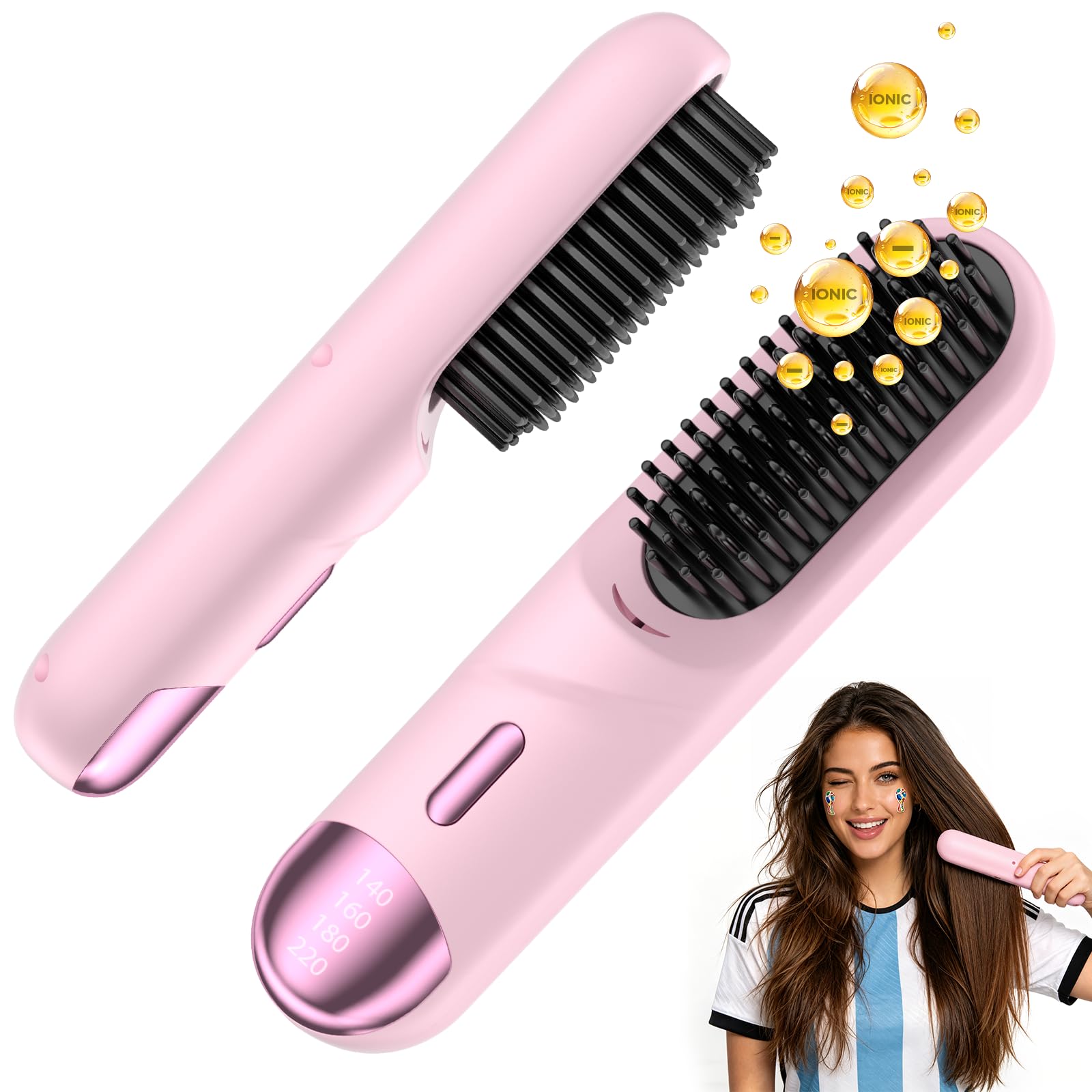 Photo 1 of Go Brush Pro for Short Hair Hair Straightener Brush Cordless & Portable with 300M Negative Ions, 4 Temps Fast Heating, Game Day Ready Styling Tool for Watch Parties, Travel & Daily Use Pink