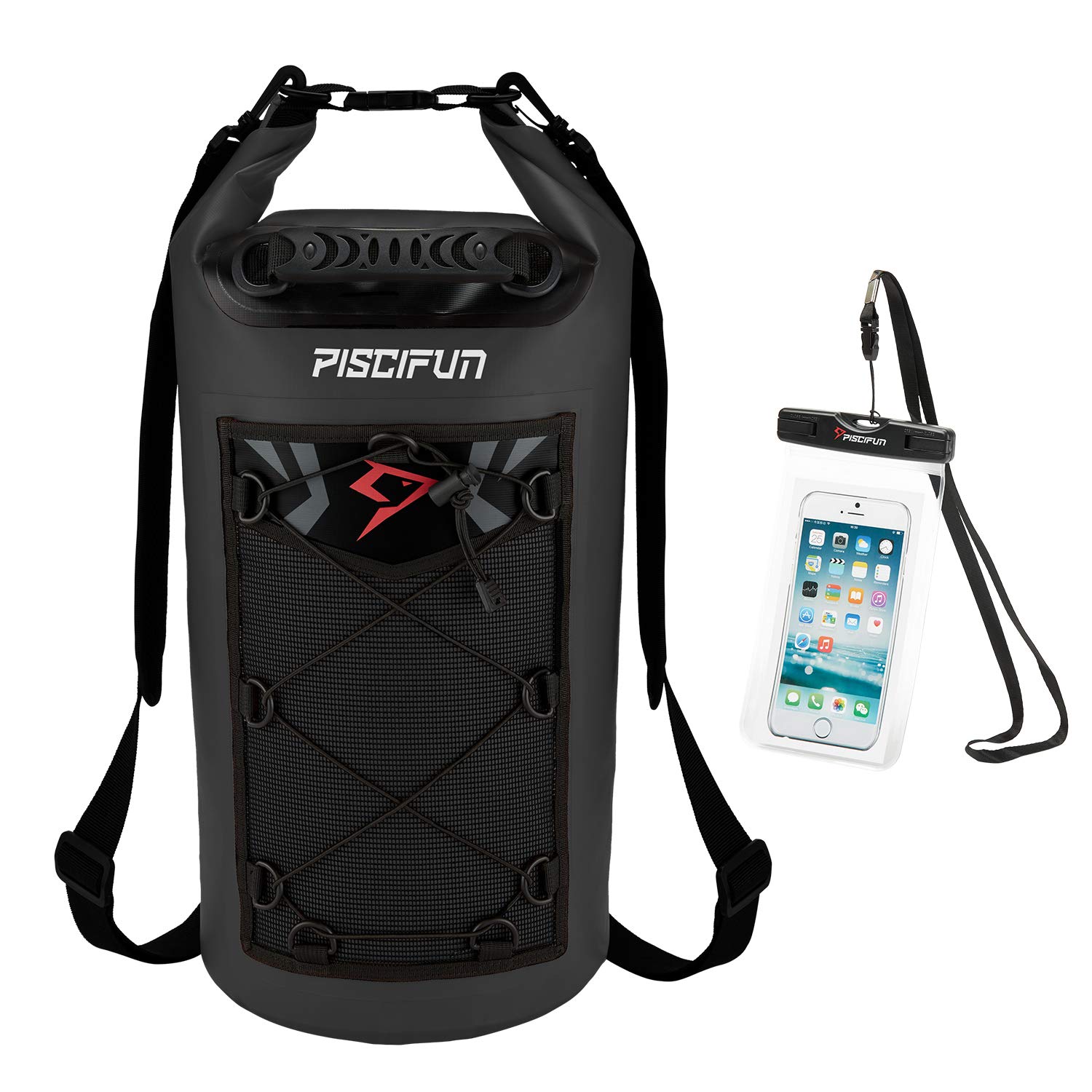 Piscifun Dry Bags, Waterproof Floating Backpack with Waterproof Phone Case for Kayking, Boating, Kayaking, Surfing, Rafting and Fishing, Deck Bags, Black 10L