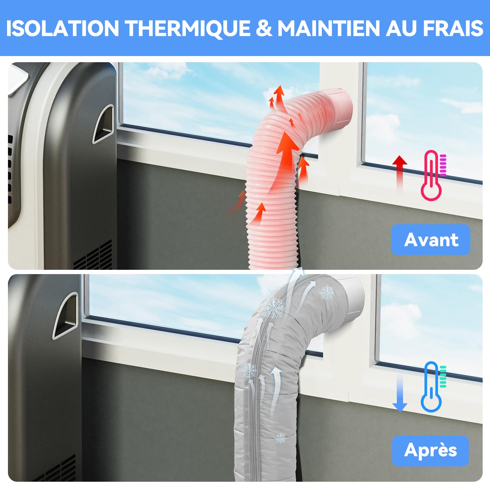 60" Protection Pour Tuyau Climatiseur AGPTEK, Manchon Isolant À Fermeture Éclair Pour Tuyaux De 5" Et 5.9", Housse Portable En EVA, Pour Tous Les Tuyaux D'Évacuation De Climatiseurs Mobiles, Gris