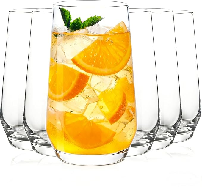 Ftystall Drinking Glasses Set of 6, 16.4oz Highball Glasses, Crystal Clear Tall Water Glasses, Glass Cups for Cocktail, Juice, Iced Tea, Mojito and Smoothies, Clear Glassware Set, Christmas Gifts