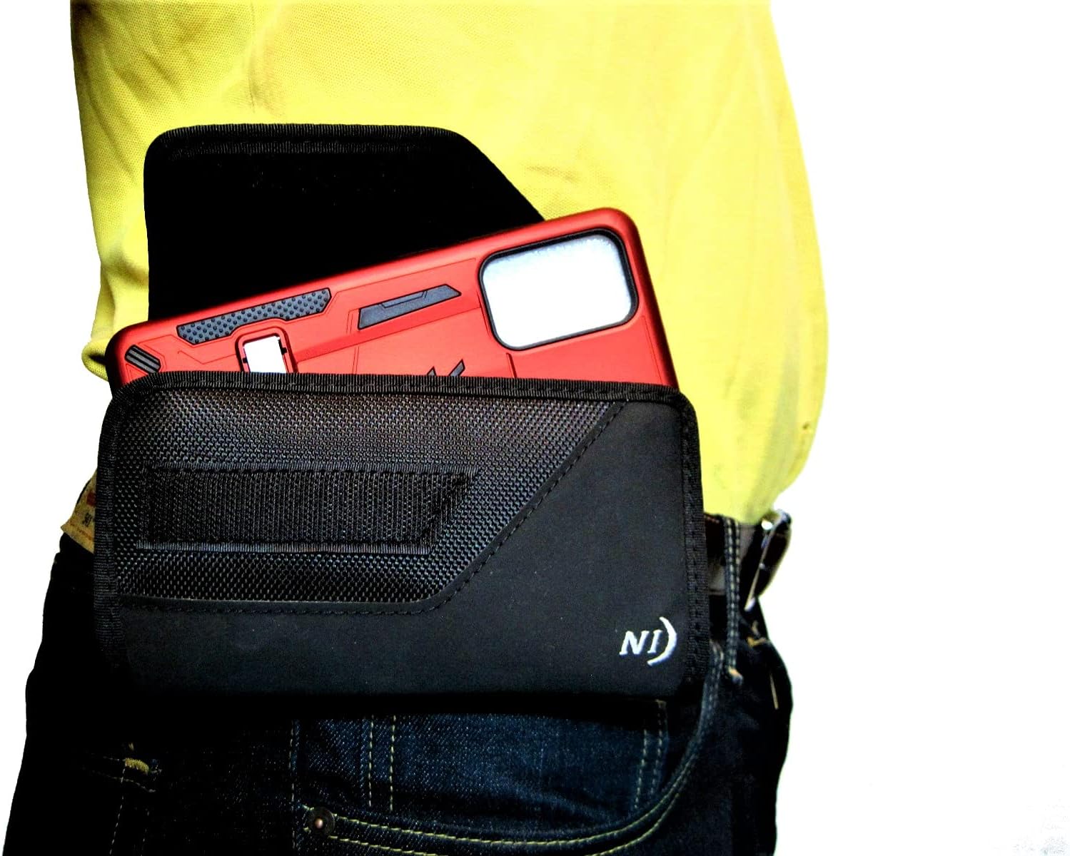 Nite IzeNylon Phone Pouch for Google Pixel 5Ga Rugged, Heavy Duty, Secure Strong Holster Belt Clip Holder, Compatible with (Otterbox Defender/Commuter) Case On Cell Phone (Sideways)