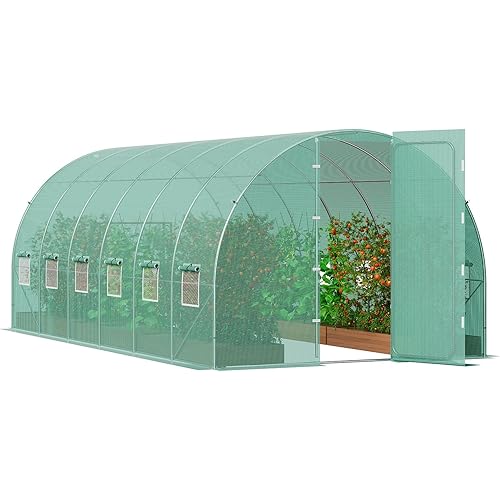 VEVOR Walk-in Tunnel Greenhouse, 19.4x9.7x7.4 ft Hoop House Greenhouse Tunnel, Plant Hot House with Galvanized Steel Frame, Green PE Cover, Swing Door and 12 Roll-up Windows for Outdoor