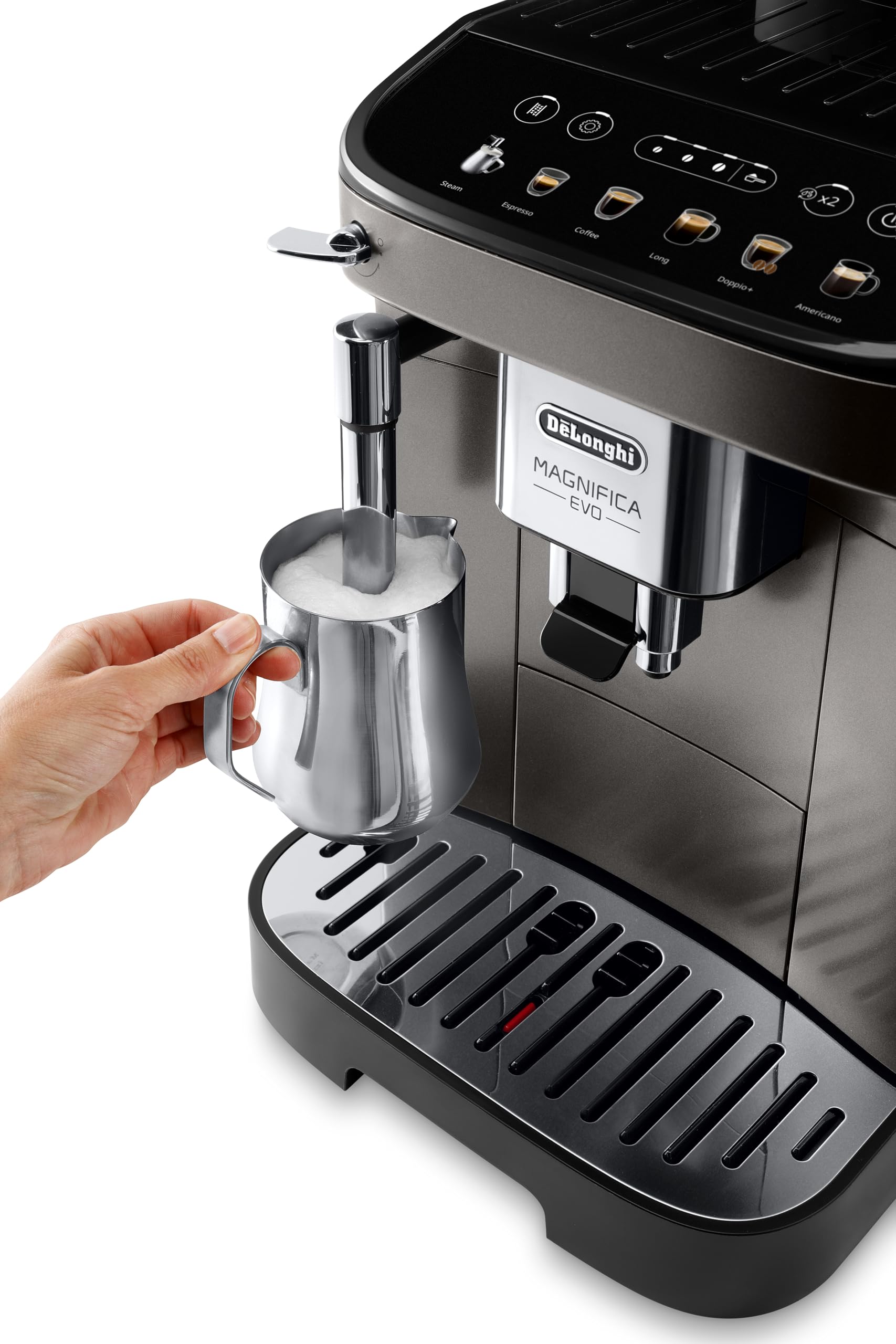 De'Longhi Magnifica Evo ECAM290.42.TB, Macchina Caffè Automatica con Montalatte, Macchina Compatta dal Chicco alla Tazza, Montatura Manuale Latte, 4 Ricette, Display Colorato Soft Touch, Nero Titanio