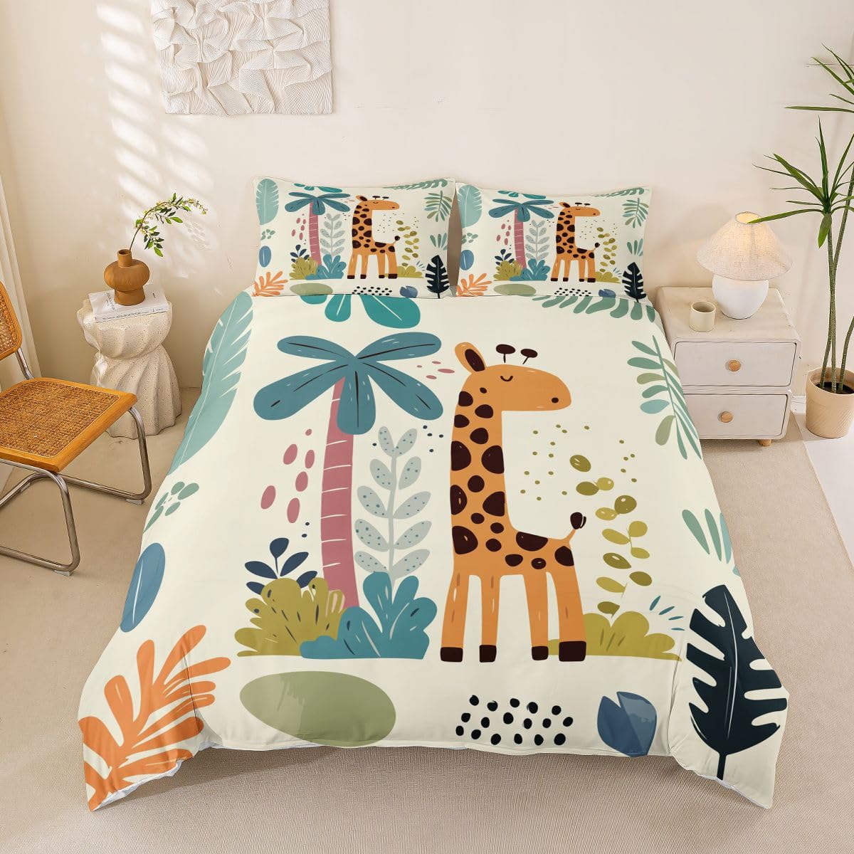 Parure de lit feuilles botaniques pour lit double motif animaux sauvages