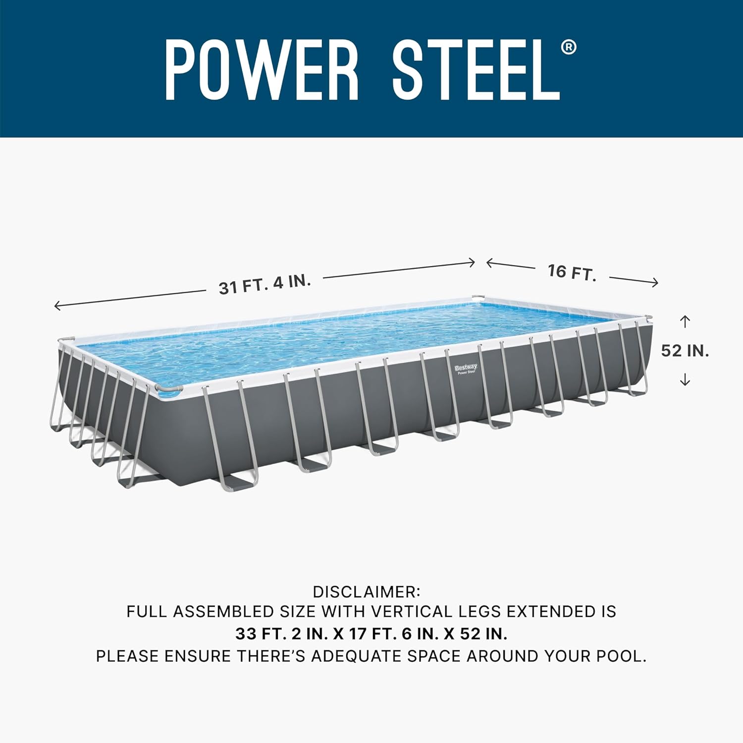 Bestway Power Steel 31’4" x 16' x 52” Above Ground Pool, Rectangular Metal Frame Outdoor Swimming Pool Set with Sand Filter Pump, Ladder, and Cover