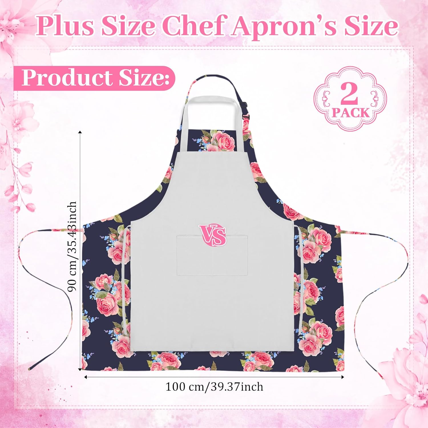 2 Pack Plus Size Floral Aprons Women Adjustable Vintage Kitchen Chef Apron with 2 Pockets for Cooking, Work, Baking, 35.43 x 39.37 Inch(Pink,Black,Floral) - Image 2