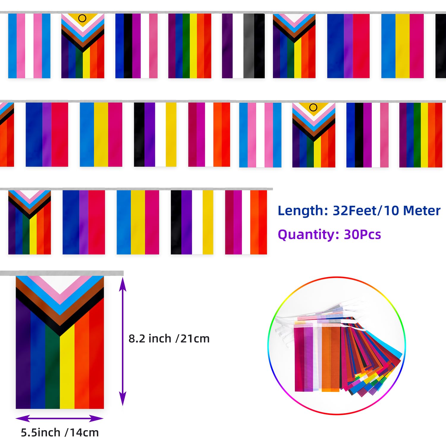 Gay Pride Flags All Pride Rainbow Gay Flags 10 Meter/32 Feet Pride Bunting Banner with 30 Pennant Flags Rectangle for Party Parades Carnivals Festival Pride Month Decorations and Celebrations - Image 3