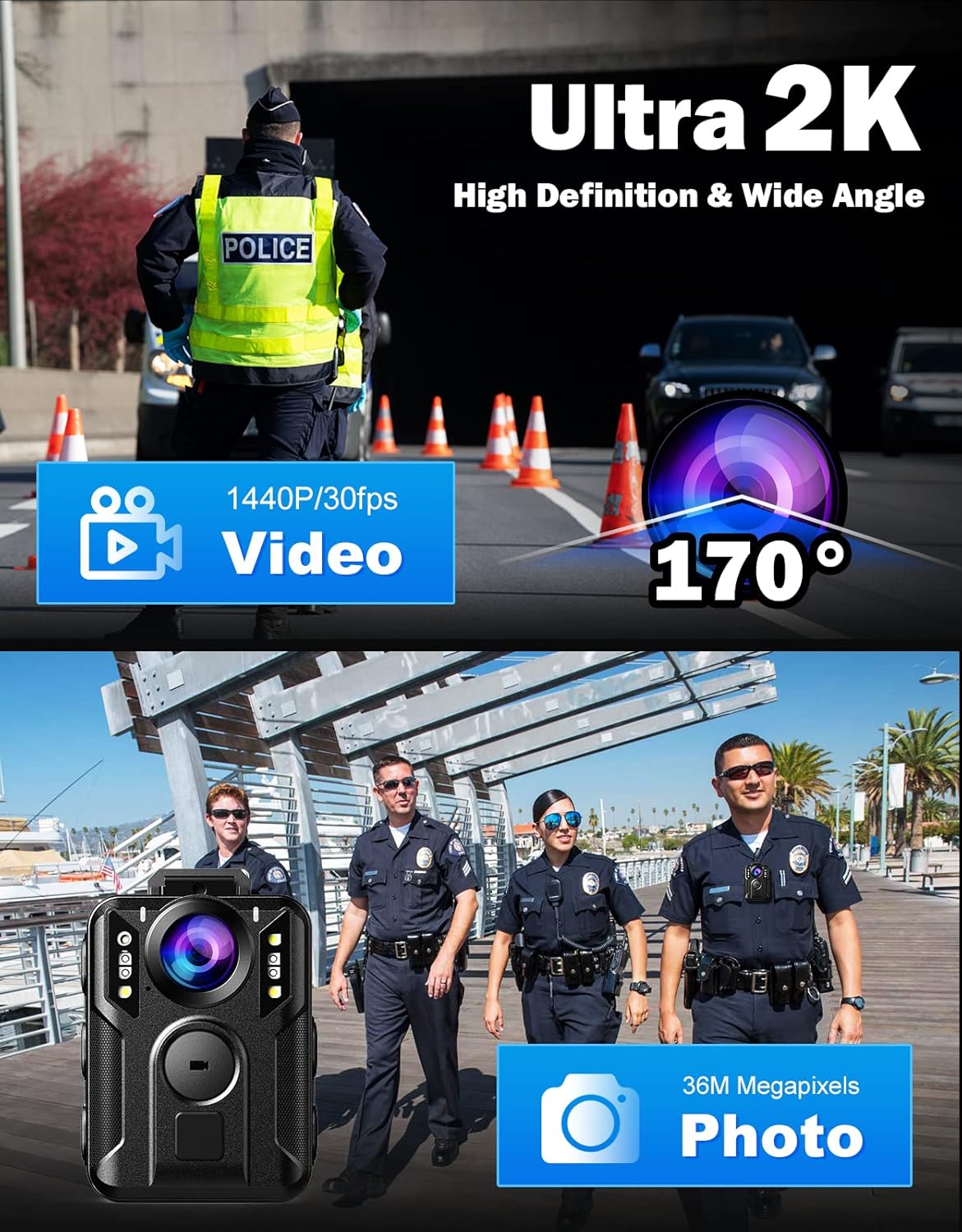 Image showing the BOBLOV M6 Body Camera capturing video at 1440P/30fps with a 170-degree wide angle, featuring police officers in the background.