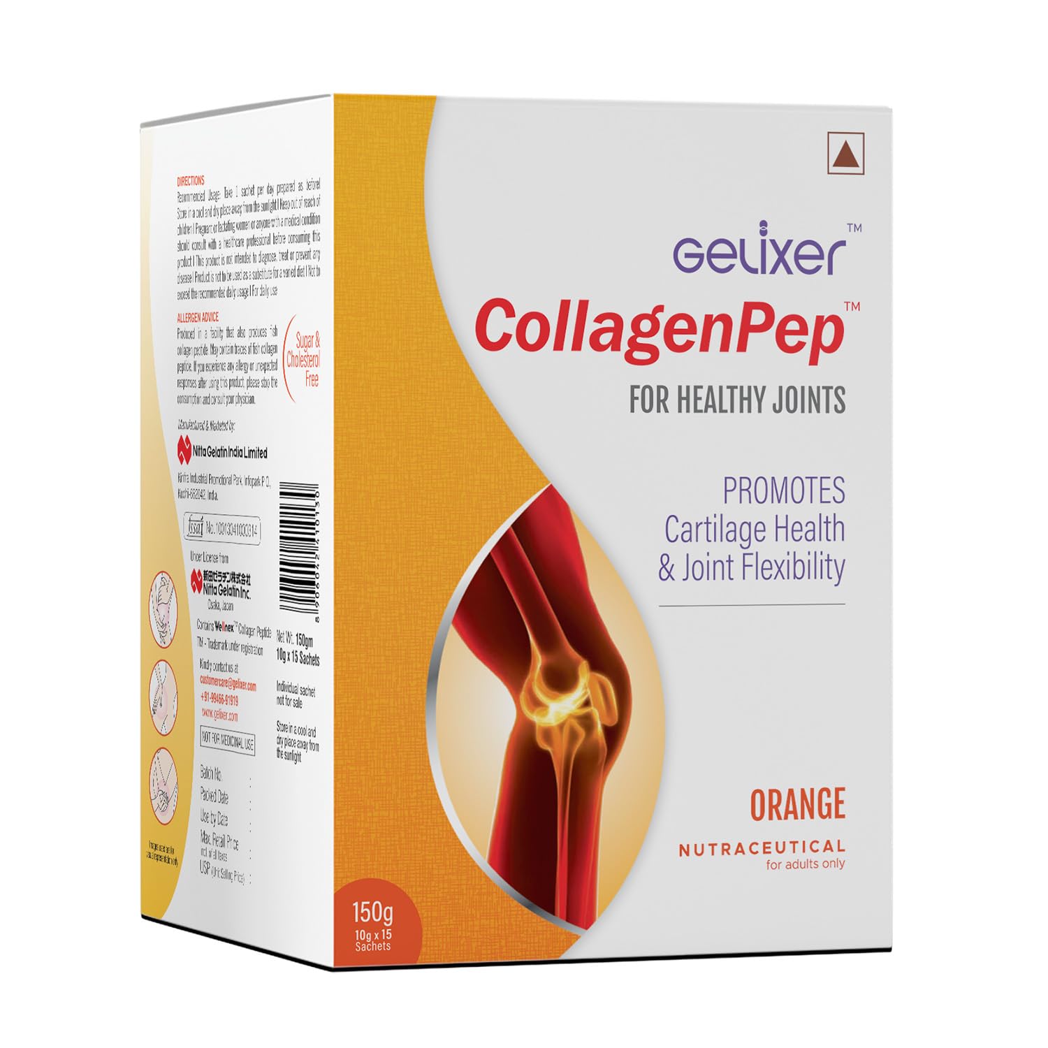 Gelixer CollagenPep Proven, Premium Japanese Collagen for Joint Pain due to Osteoarthritis - (150g - 10x15 Sachets) - Orange Flavour