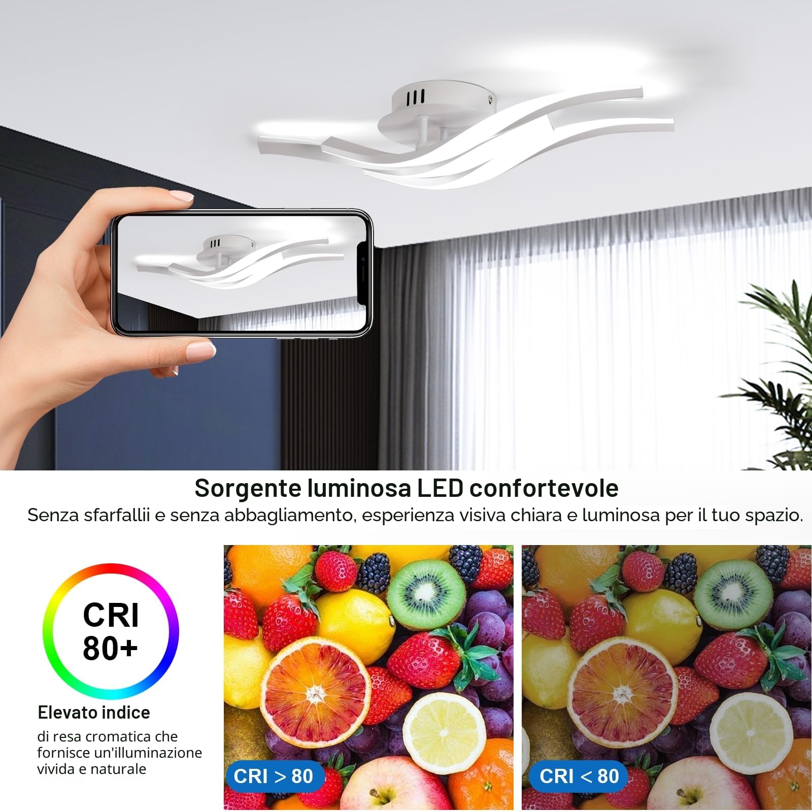 Plafoniera LED a soffitto, bianca, potenza di 24W, 2700LM. Design Moderno con 3 luci curve. Luce bianca 6500K, adatta ad ogni ambiente, come: corridoio, cucina o soggiorno. Lunghezza: 52 cm.