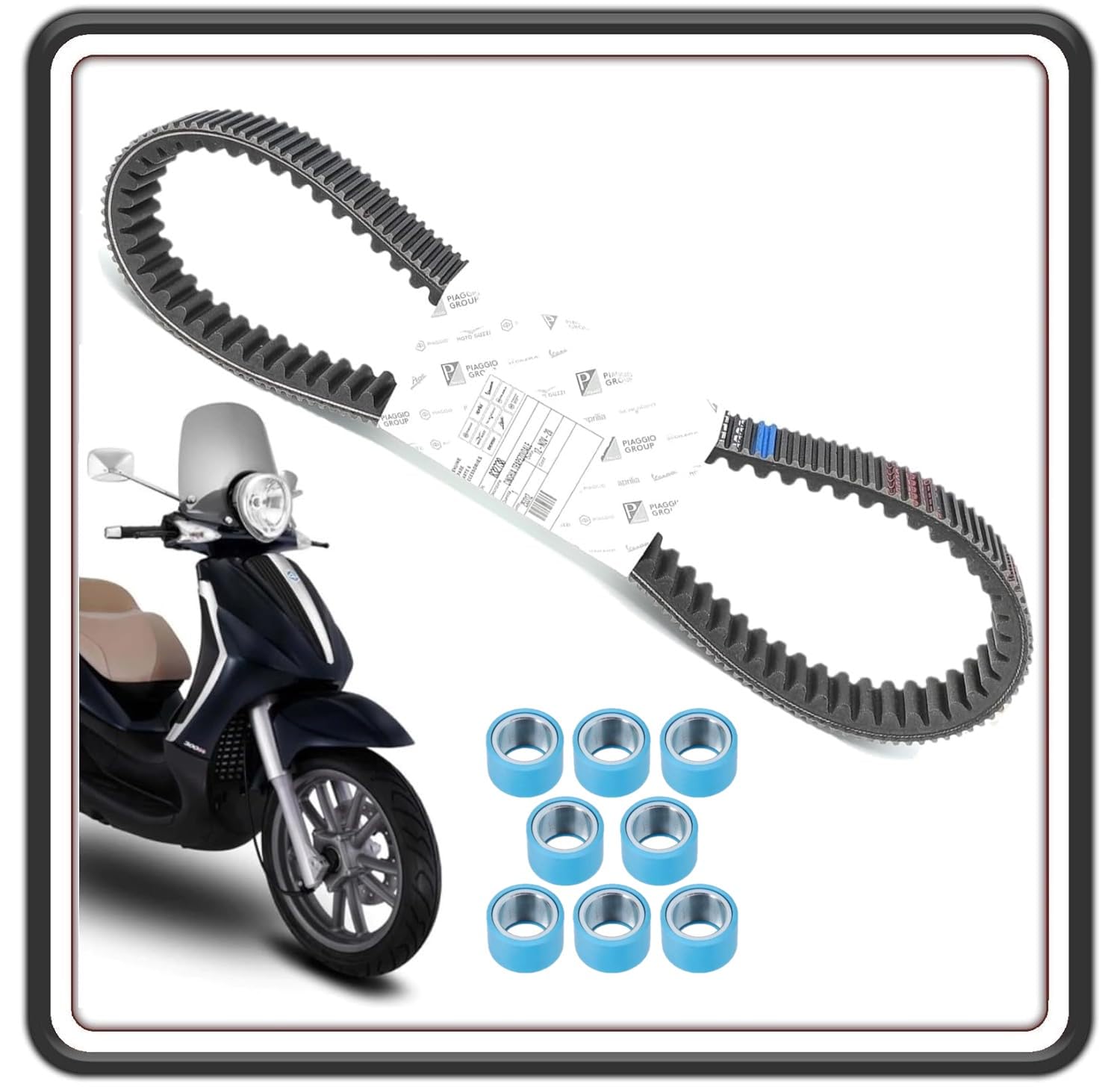 CINGHIA CINTURA TRASMISSIONE DISTRIBUZIONE ORIGINALE PER PIAGGIO BEVERLY 500 - PIAGGIO X9 EVOLUTION - APRILIA SCARABEO LIGHT COMPLETA DI RULLI (INFO MODELLI IN DESCRIZIONE)