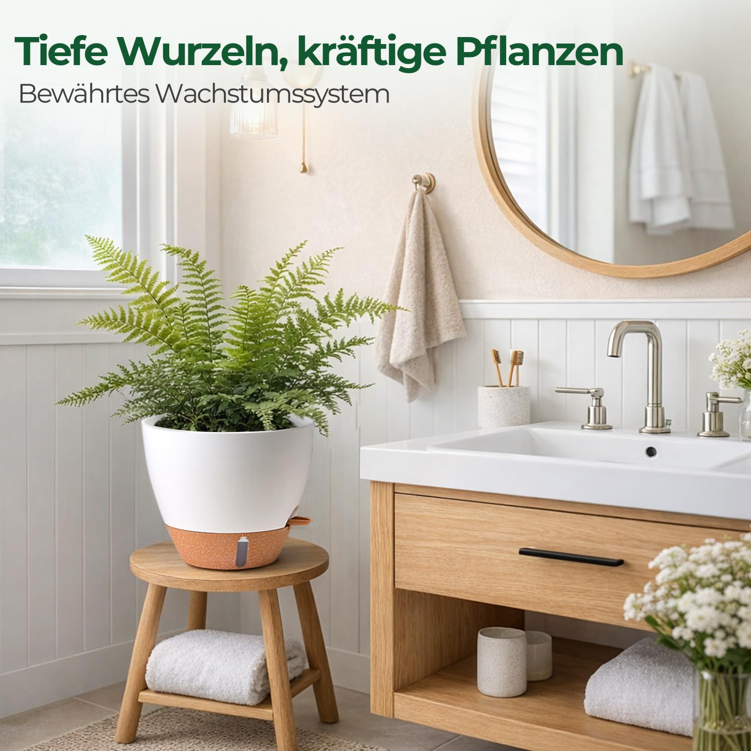 T4U 2er Set 25cm Selbstbewässernder Blumentopf mit Wasserstandsanzeige, ideal für Geigenfeige & Monstera, pflegeleicht, blumentopf Gross innen & pflanzkübel groß außen,（Weiß）
