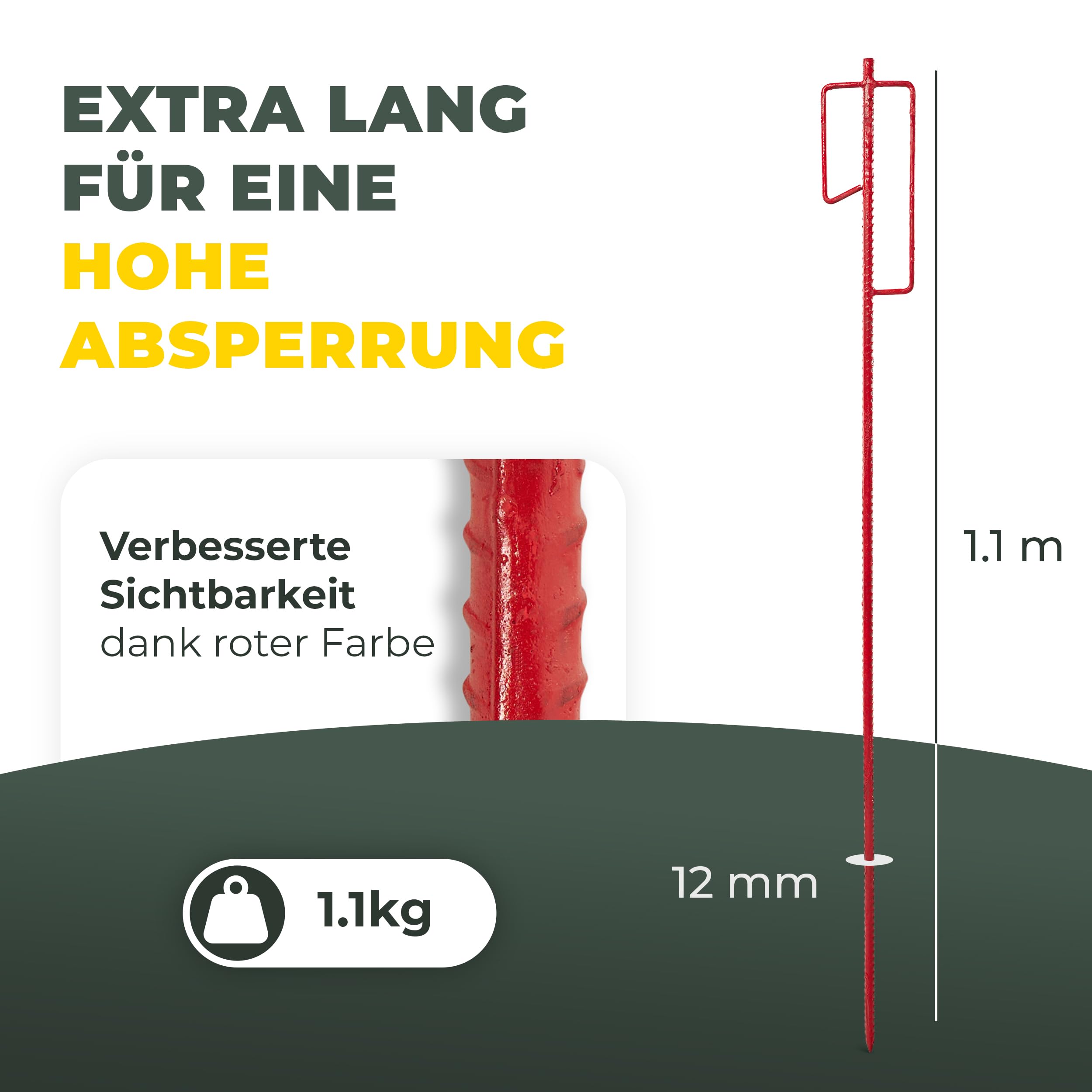Novatool 10er-Set Absperrbandhalter Ø12 x 1100mm Rot, Metall Absperrband Absperrstangen Laternenstange Absperrleinenhalter Absperrhalter Schnureisen Schnurnagel, für Baustelle & Garten