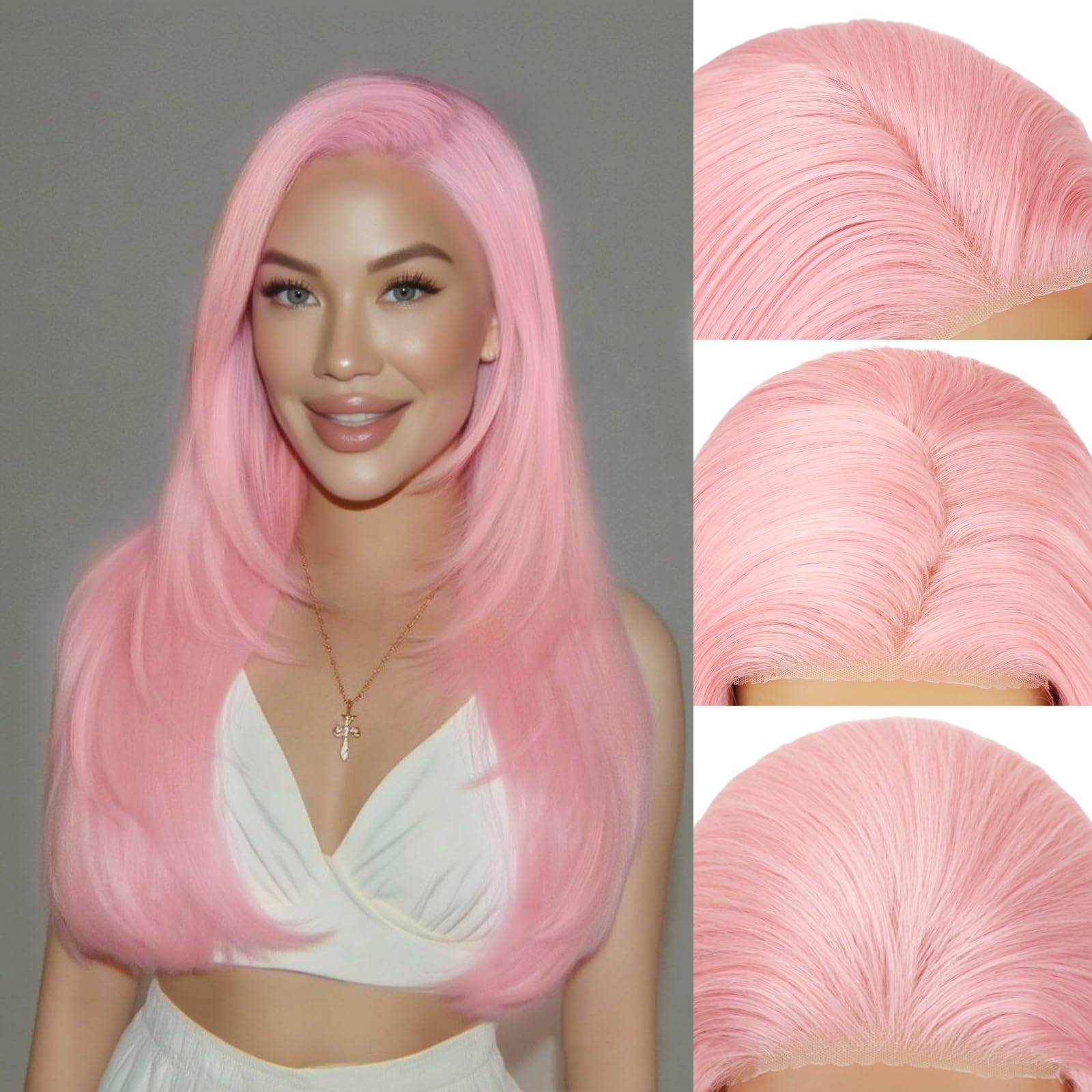 Women\'s Pink Glueless Synthetic Lace Front Pre-Plucked Hairline 28 Inch Hot Pink 13×4 Lace Front Wigs Pre Plucked Body Wave Wig 28  main image 4