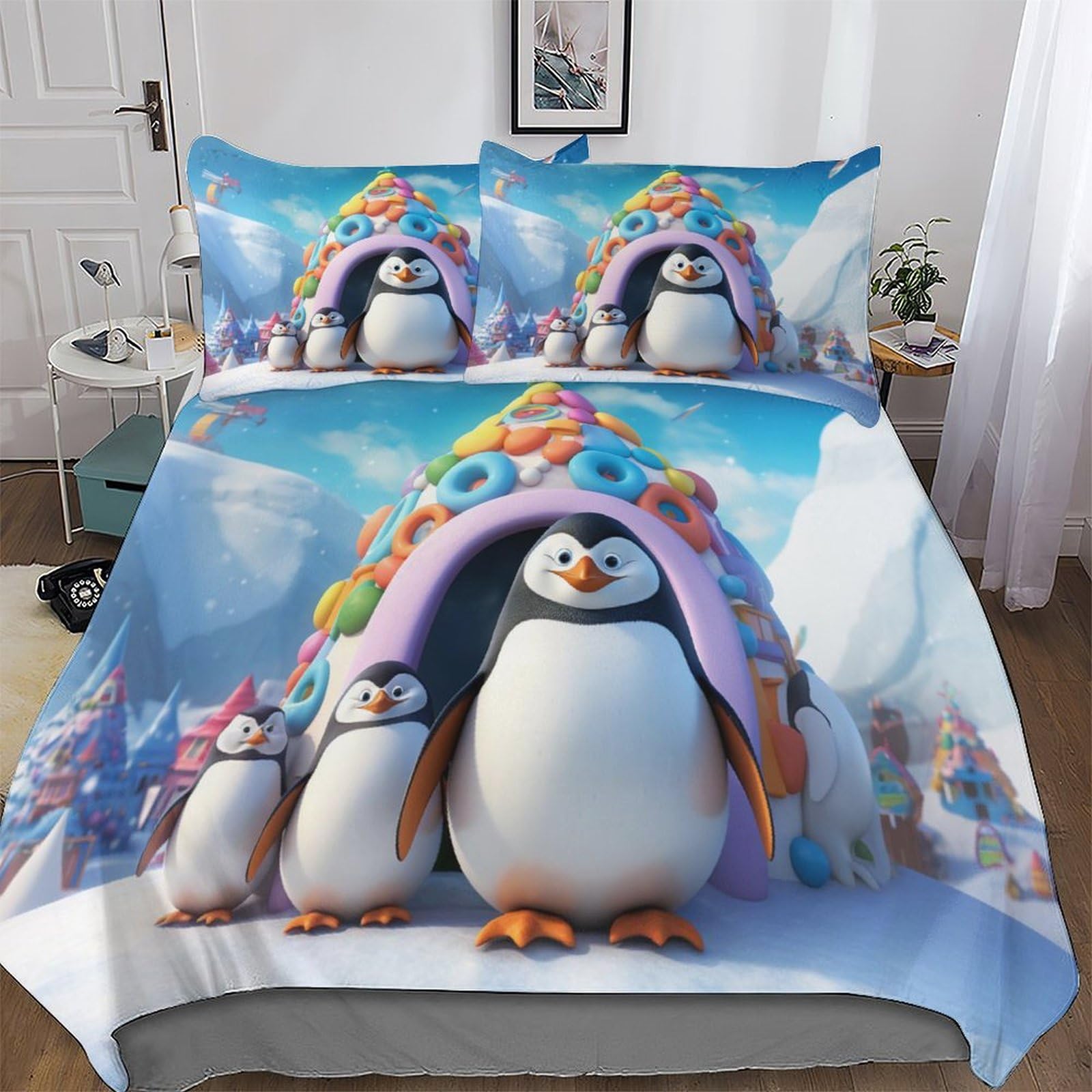 Cute Penguin Duvet Cover Set with Pillowcases Printed Bedding Set with Zipper Closure Comforter Cover 3 Pieces Hypoallergenic Soft Microfiber Quilt Cover Double (200x200cm)