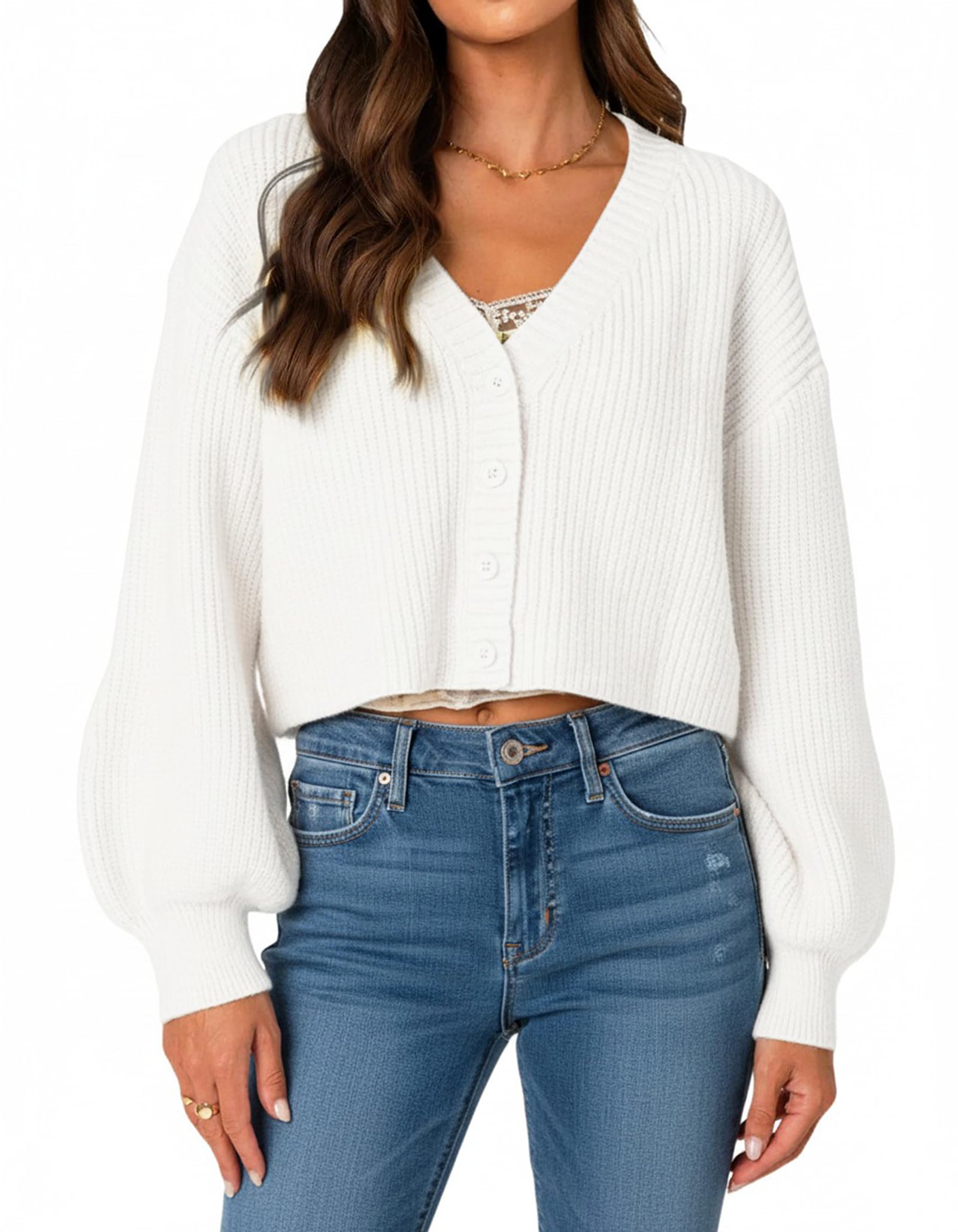 OZICERD Fall Chunky Knit Cropped Cardigan Sweaters for Women Cozy V Neck Button Open Front Light Short Cardigan
