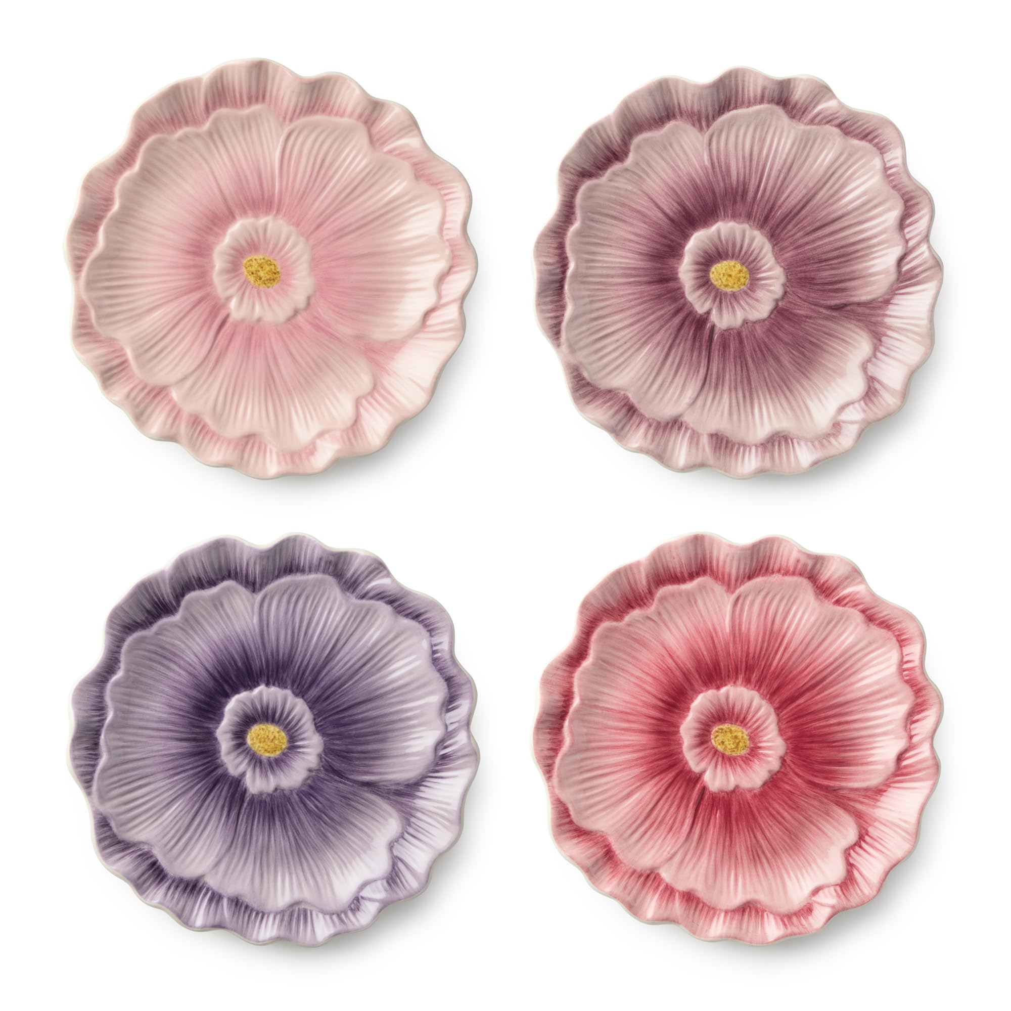 Wildflowers 3‑D Ceramic DESSERT/SALAD PLATES, SET OF 4, 6‑inch sculpted floral plates wit…