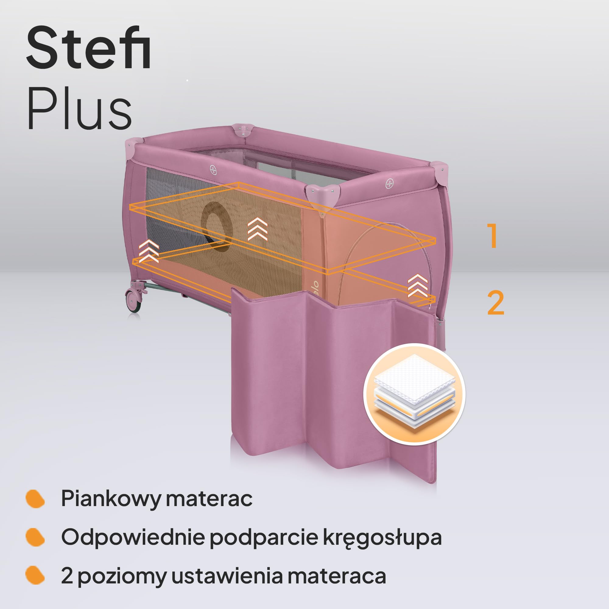 LIONELO Stefi Plus łóżeczko turystyczne 2 w 1 do 15 kg, łóżko dziecięce z materacem, boczne wejście z zamkiem błyskawicznym, wysokiej jakości materac piankowy, szybkie składanie