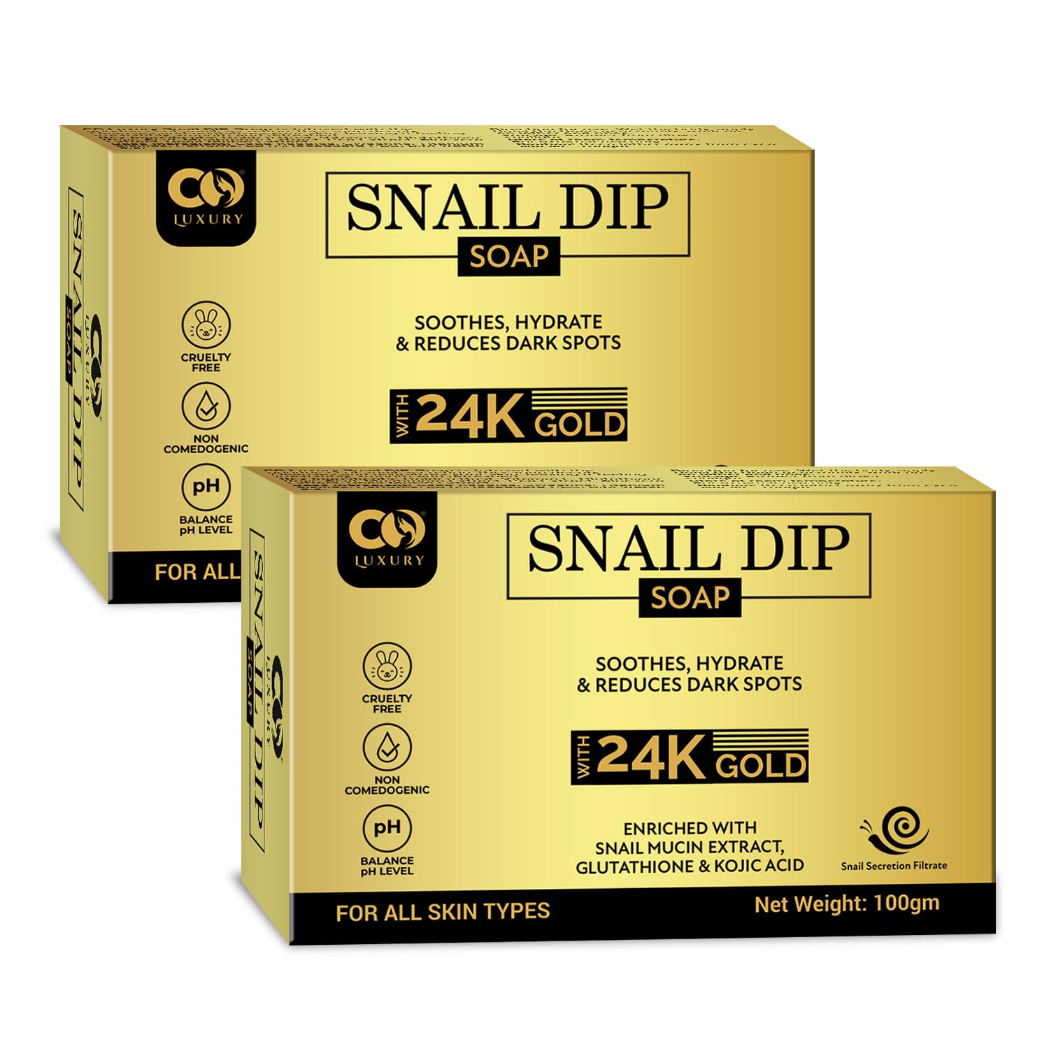 CO LUXURY Snail Mucin Extract | Glutathione & Kojic Acid Soap | Ghar Ka Soap | Skin Hydrates & Reduce Dark Spots | Skin Brightening Soap with 24k Gold Dust | Soaps for Bath - Pack of 2