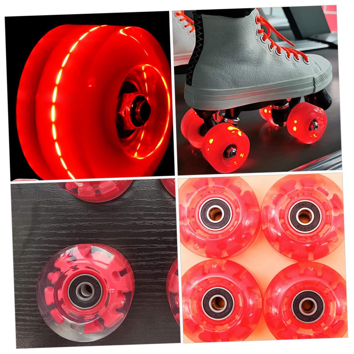 Ruote Pattini per Roller Skate 4 Pezzi in Pu Rosse, Luci Flash | Pattini a Doppia , Pratica Quotidiana e Uso Indoor, Set Accessori LED Riduzione Attrito