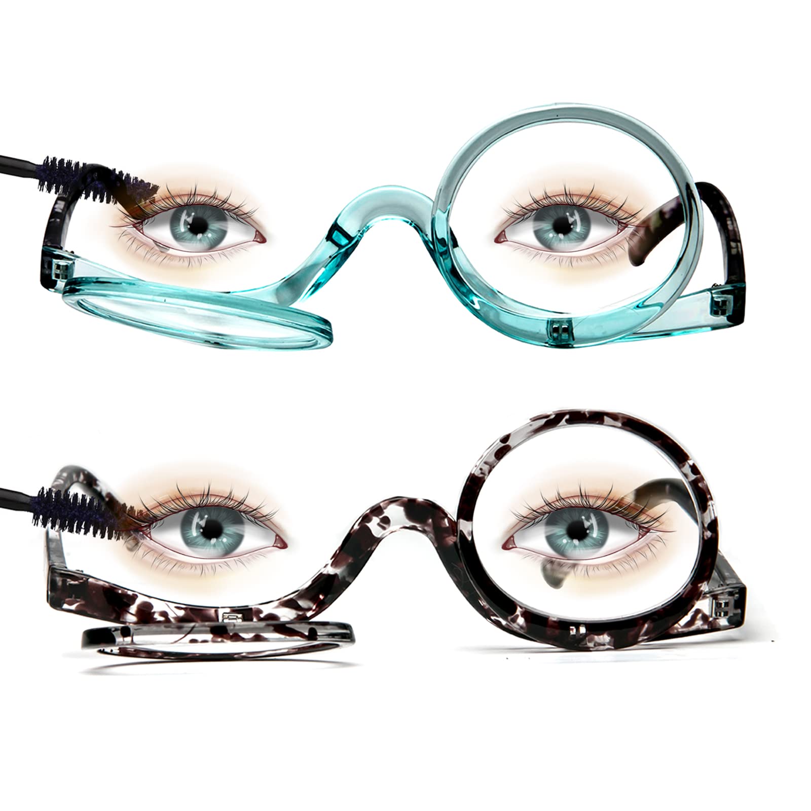 MMOWW 2 Pairs Makeup Readers Flip-top Rotating Fashion Reading Glasses for Women Dual Lens ?Black+Blue,1.5?